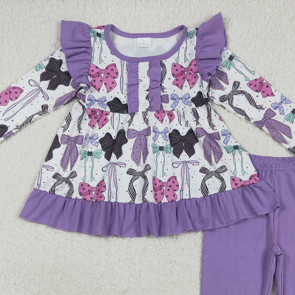 RTS NO MOQ （In stock） GLP2528 Baby Girls Winter Outfits Baby Girls Long Sleeves Purple Bows Button Top Legging Pants Sets