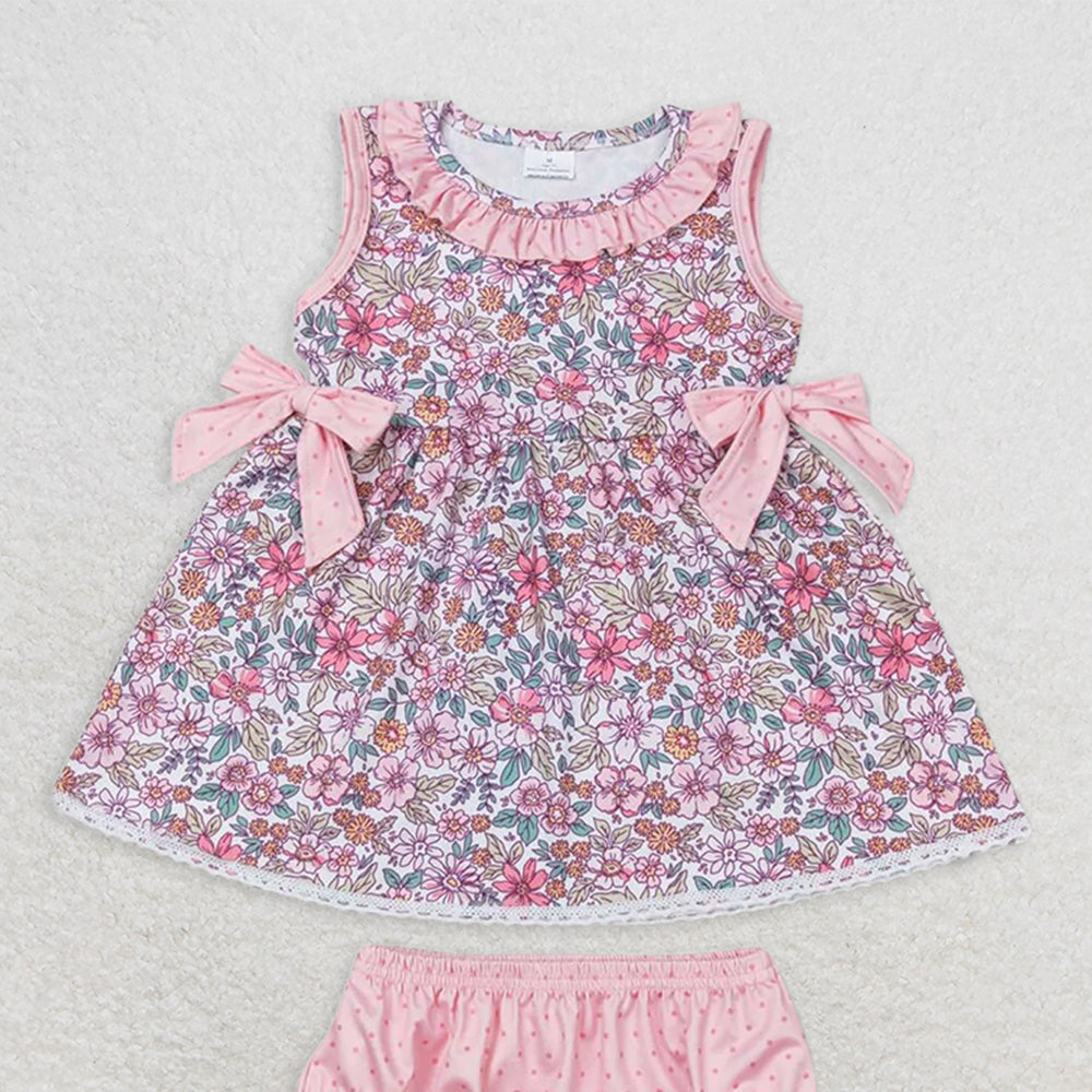 GBO0313RTS NO MOQ Baby Girls Summer Outfits  Baby Girls Pink Flowers Bows Tunic Top Bummies Clothes Sets