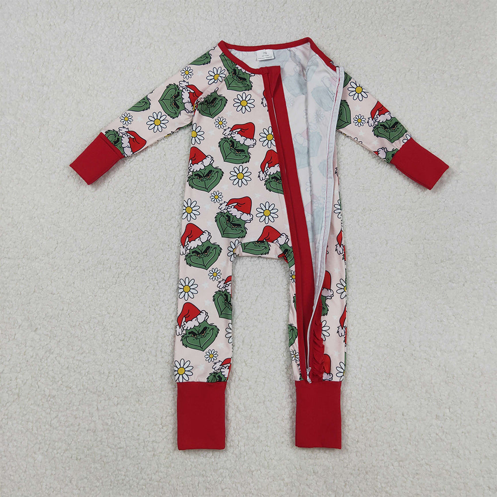 RTS NO MOQ （In stock）LR2489Baby Girls Winter Rompers Baby Girls Green Face Flowers Ruffle Zipper Christmas Rompers
