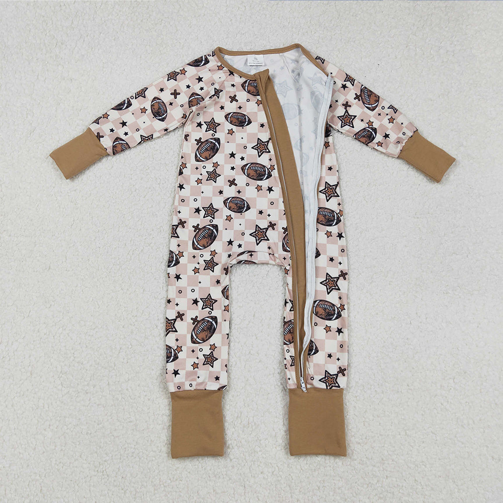 RTS NO MOQ （In stock）LR2548 Baby Boys Winter Rompers Long Sleeve Football Plaid Stars Zipper Romper Comfortable Soft Clothing for Infants