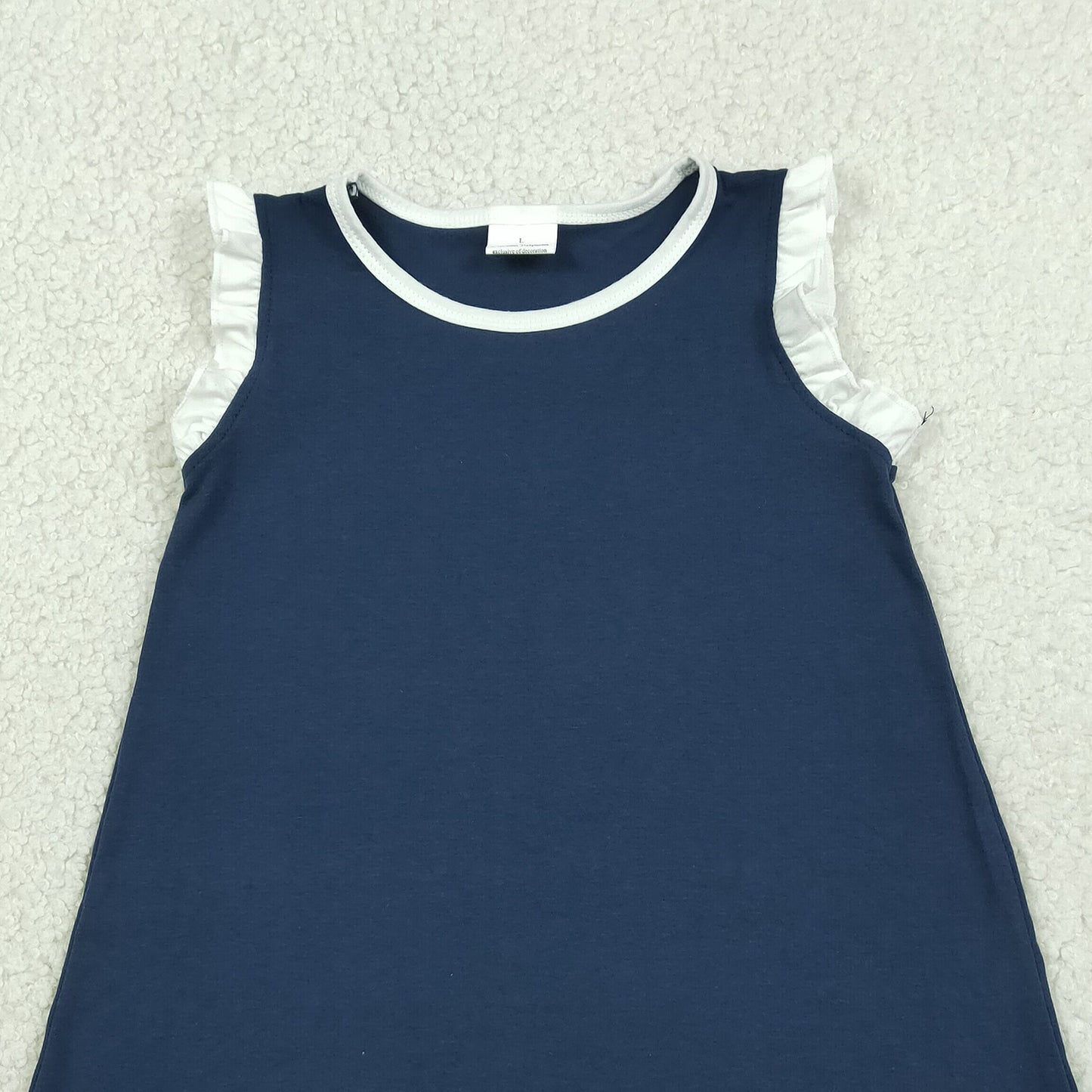 GSD4056 RTS NO MOQ （In stock）White scallop ruffle sleeveless navy girls cotton team dress