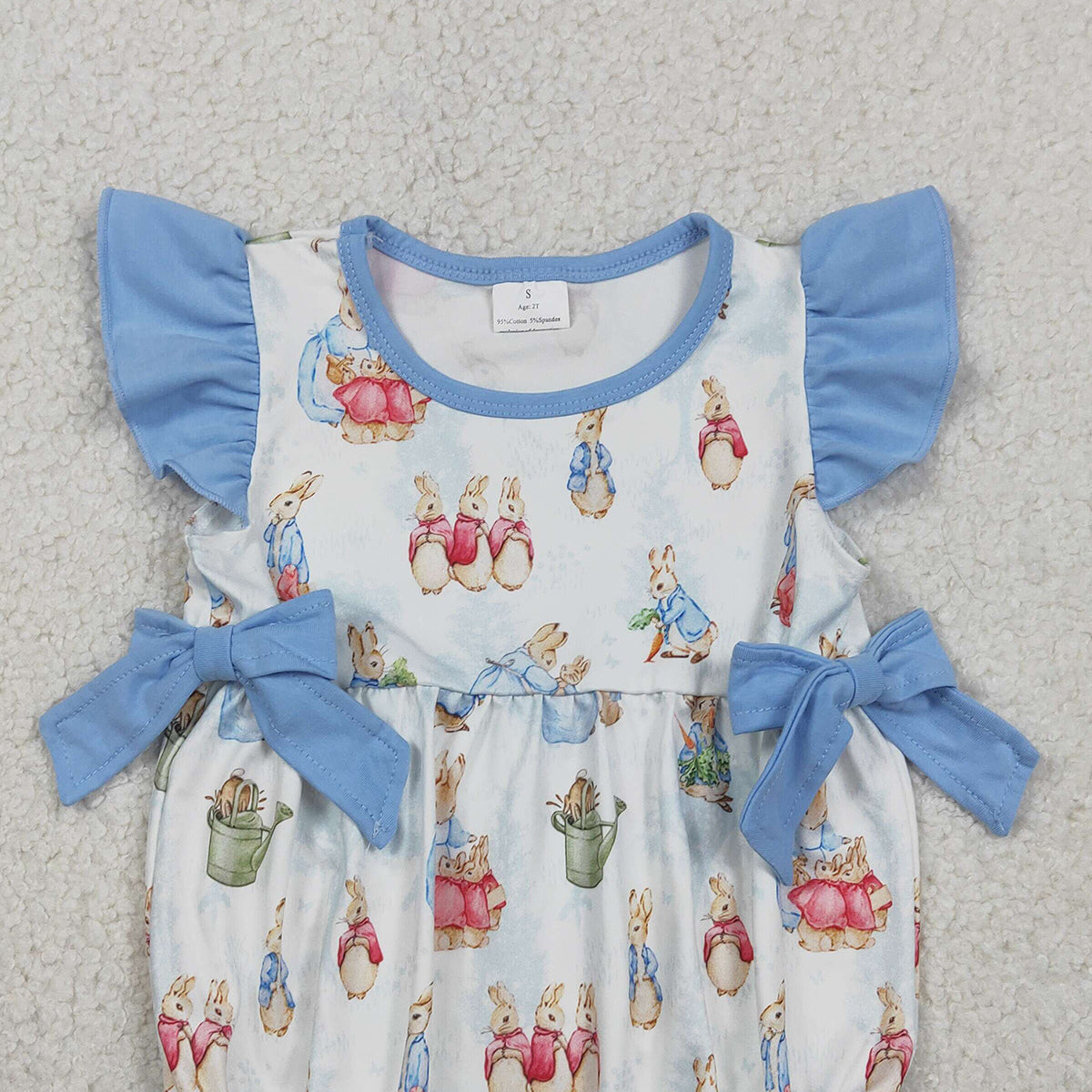 1.24 RTS NO MOQ （In stock）SR3833 Baby Girls Flutter Sleeve Rabbits Bows Easter Ruffle Rompers