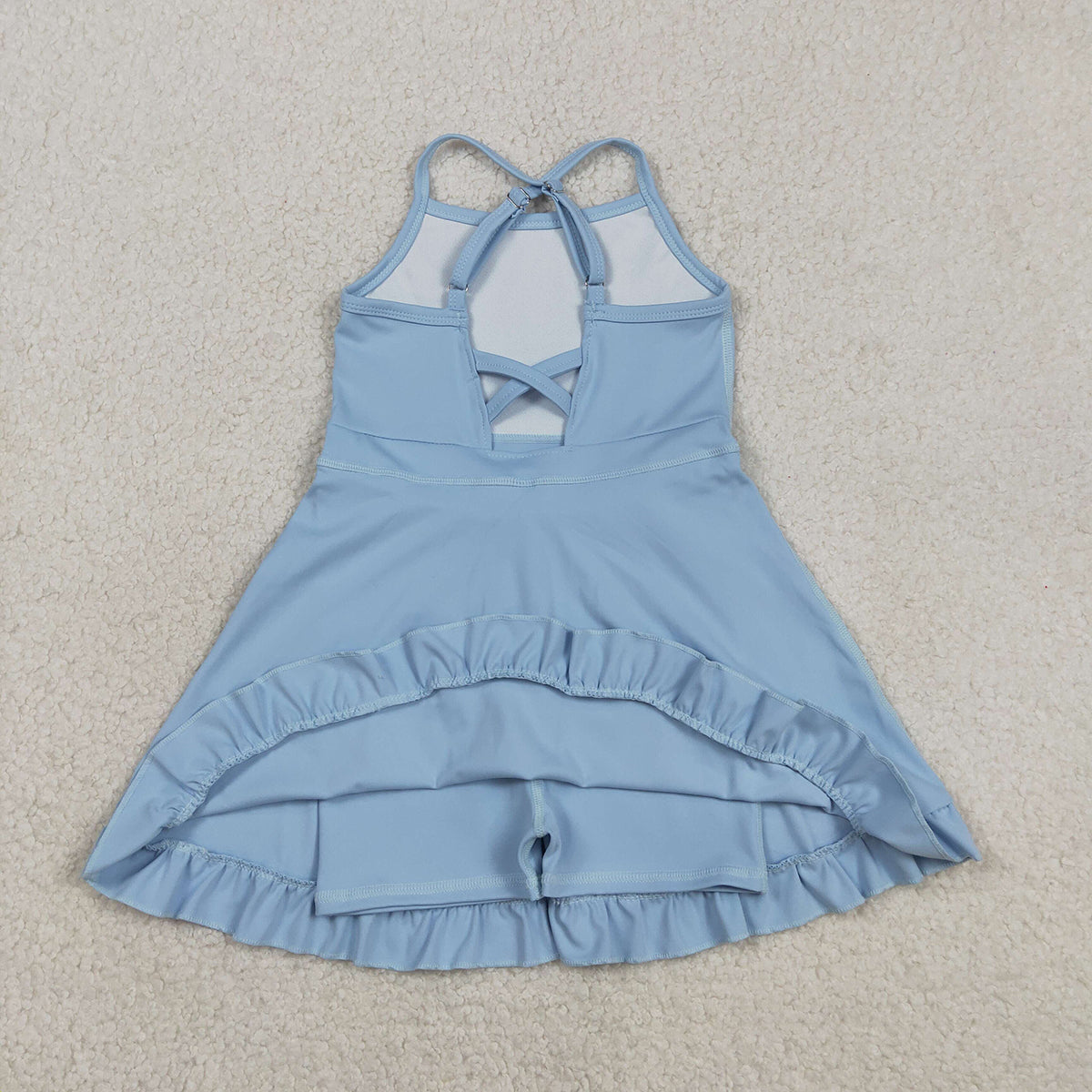 3.10 RTS NO MOQ （In stock）S0713 Kids Fashion Clothes Baby Girls Sleeveless Light Blue Strap Yoga Active Shorts Ruffle Knee Length Dresses