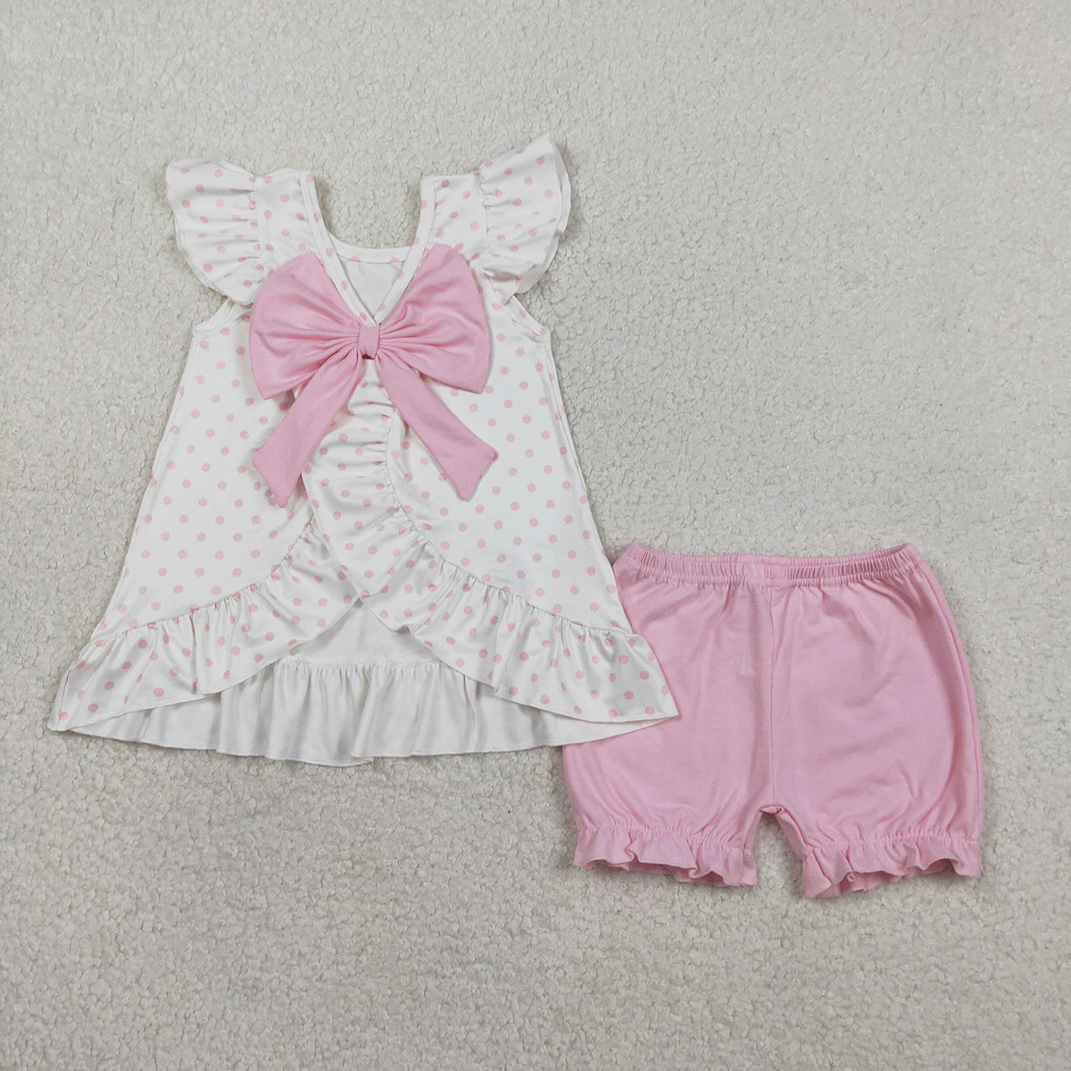 2.2 RTS NO MOQ （In stock）GSSO3018 Baby Girls Cross Polka Dots Back Bow Tunic Ruffle Short Easter Clothes Sets