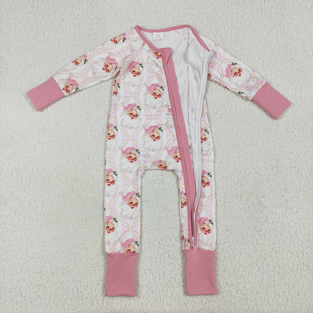 8.16  LR2224RTS NO MOQ Baby Girls Winter Rompers  Baby Girls Long Sleeves Pink Santa Plaid Zipper Rompers