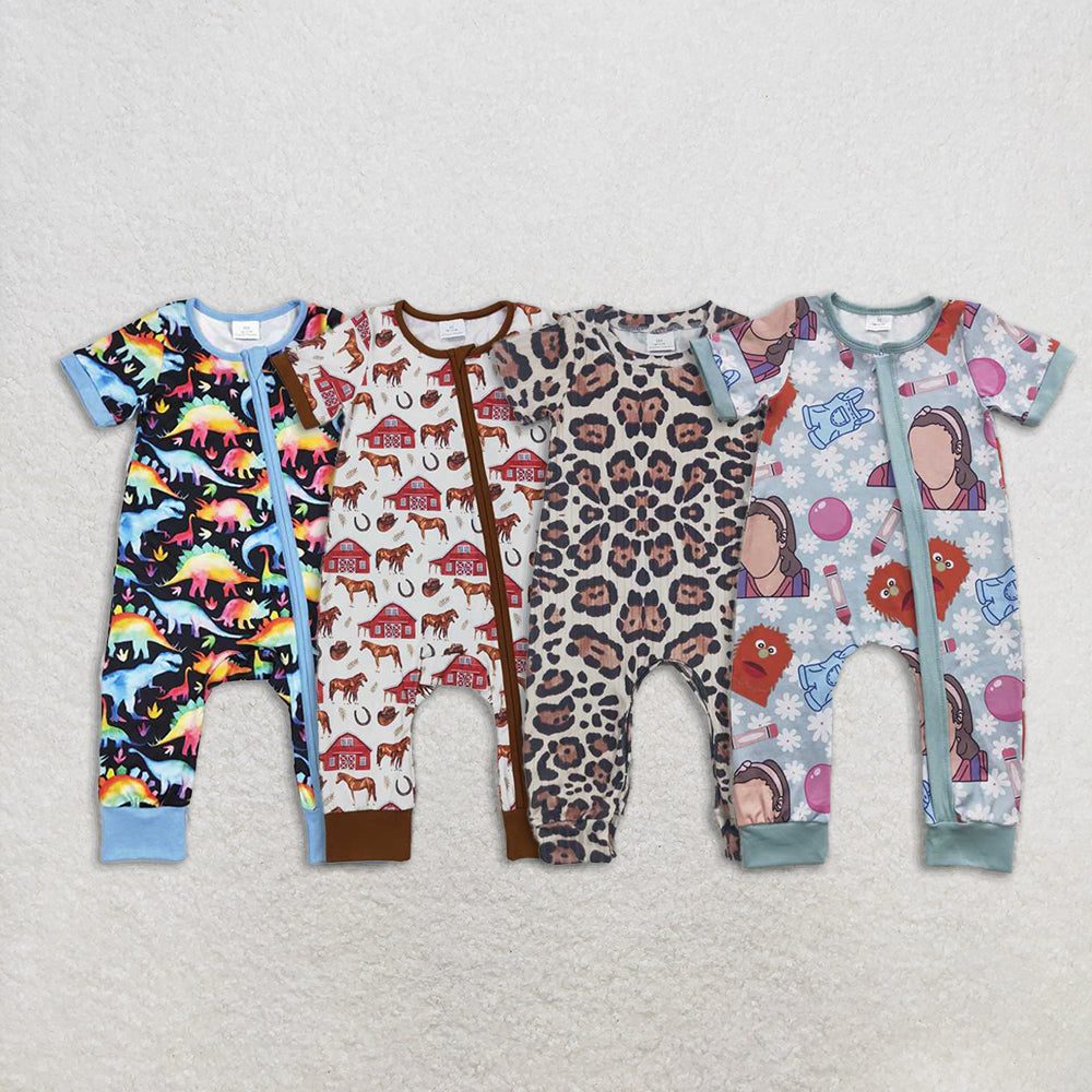 4.22 RTS NO MOQ Brown Farm Horse Short Sleeve Zipper Romper for Baby Kids - Cute Animal Print Comfortable Cotton Onesie for Toddlers