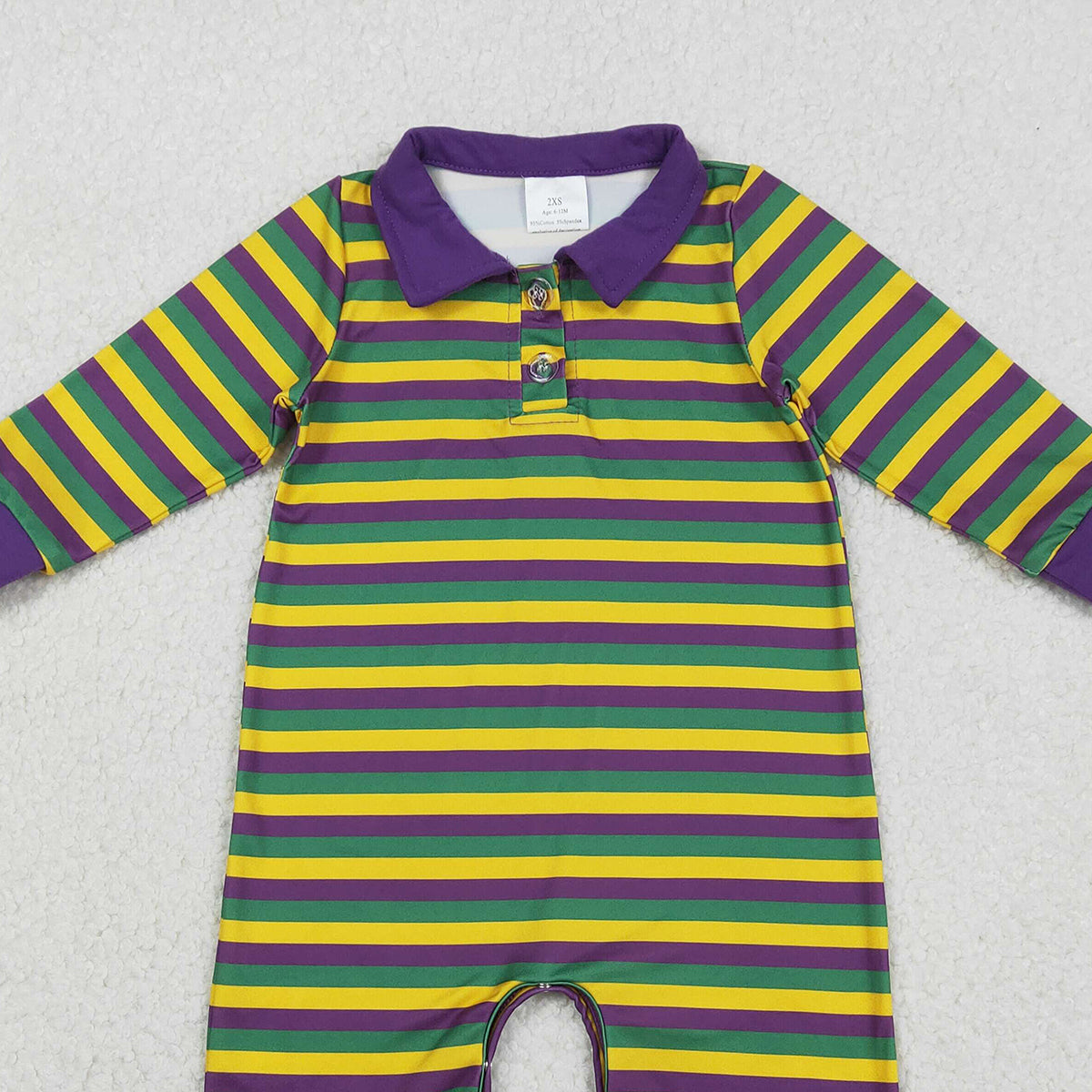 12.12 RTS NO MOQ （In stock）LR2679 Baby Girls Winter Rompers Baby Girls Purple Yellow Green Stripe Button Mardigras Button Footie Romper