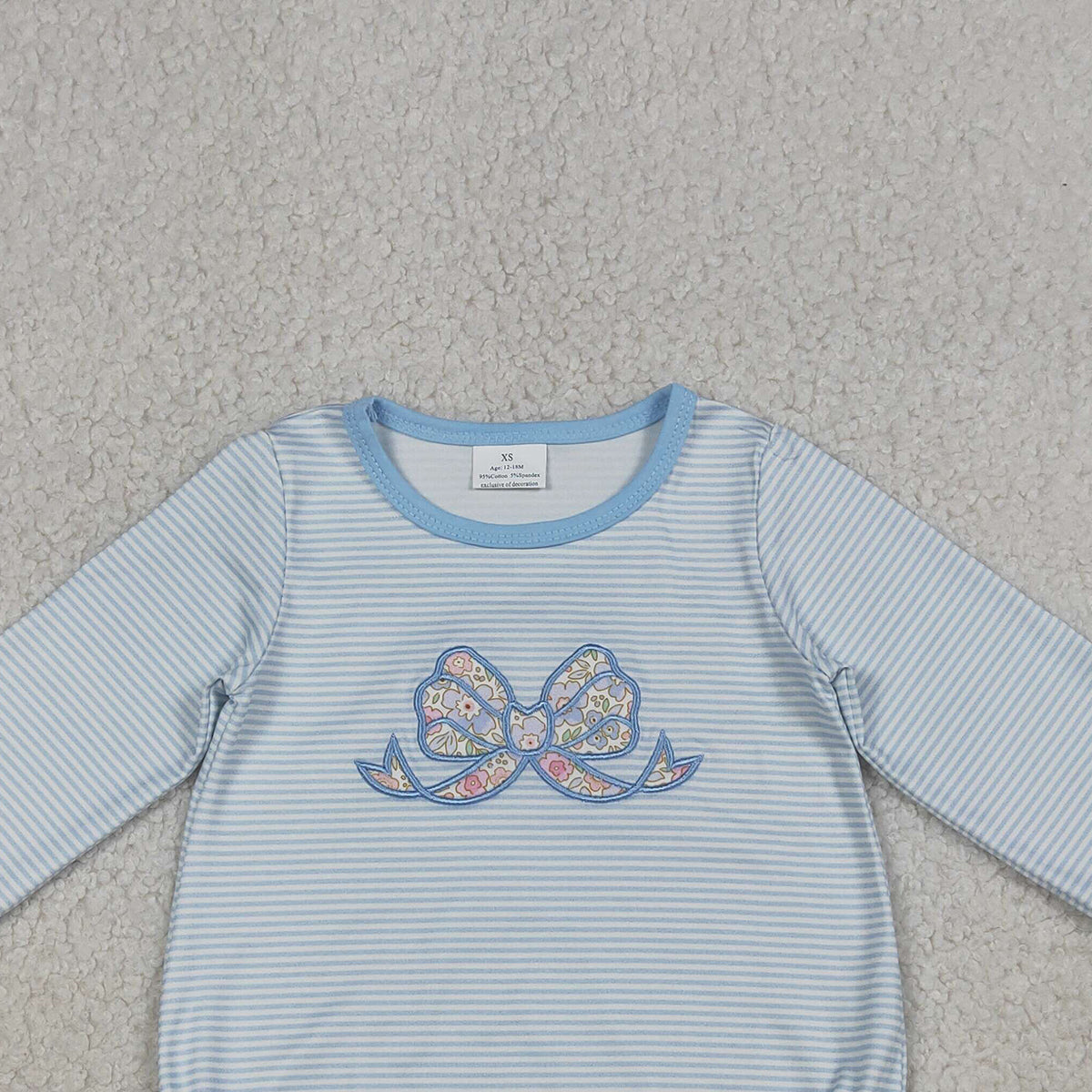 3.19 RTS NO MOQ （In stock）LR2917 Baby Girls Fashion Long Sleeve Embroidery Flowers Bow Blue Stripe Ruffle Rompers