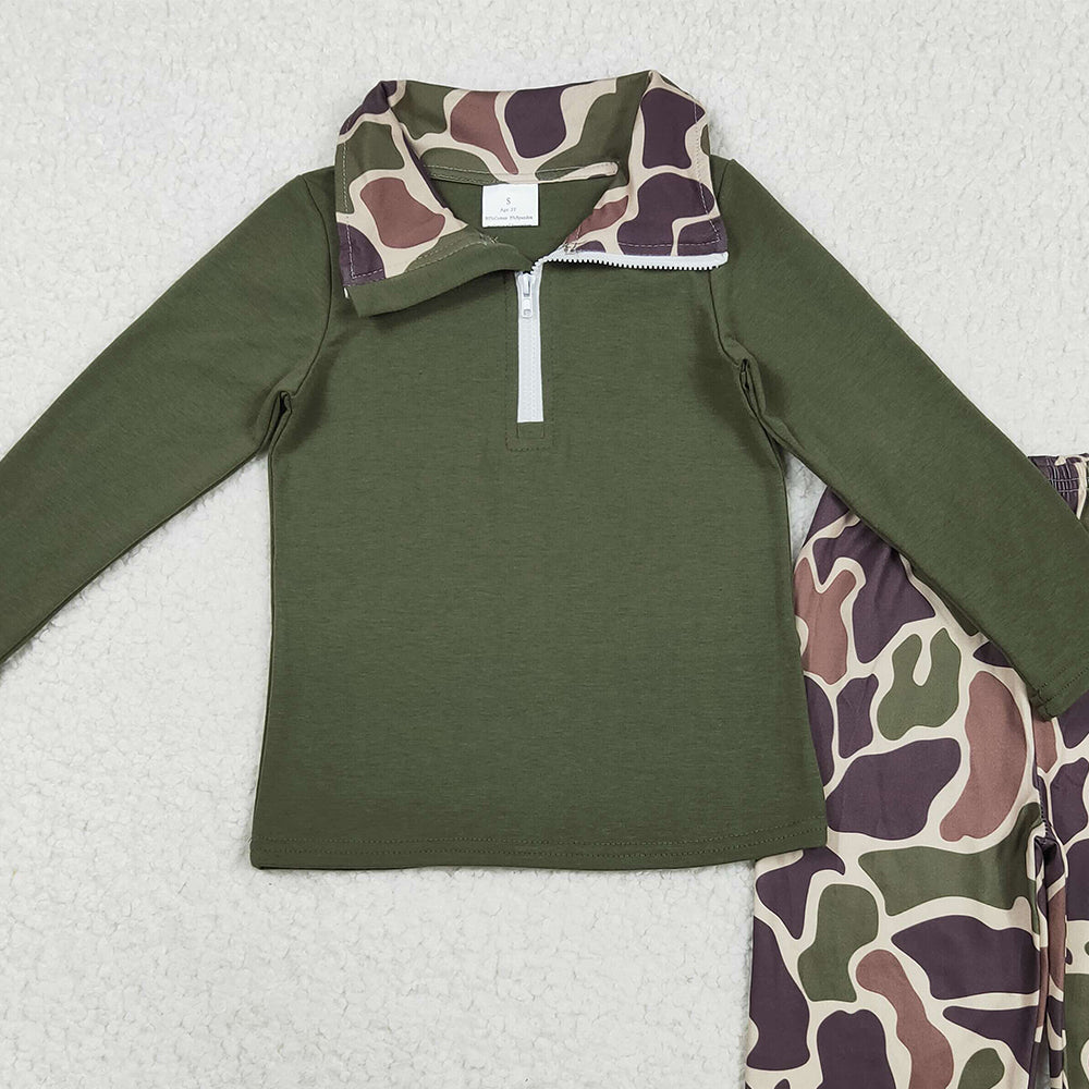 RTS NO MOQ （In stock）BLP1138 Baby Boys Winter Outfits Baby Boys Dark Green Long Sleeves Zipper Top Camo Pant Western Set