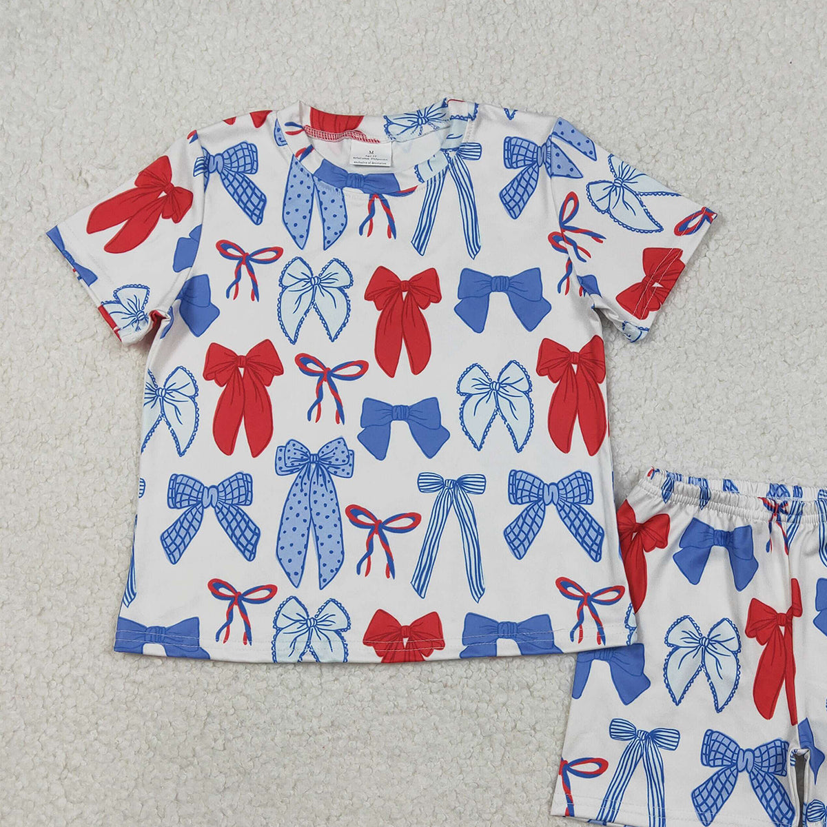 12.9 RTS NO MOQ （In stock）GSSO2772 Baby Girls Blue Red Bows Top Shorts 4th of July Pajamas Clothes Sets