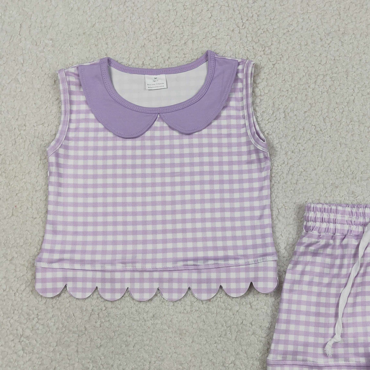 GSSO3396 RTS NO MOQ （In stock ）Sleeveless lavender plaid scallop top shorts girls outfits