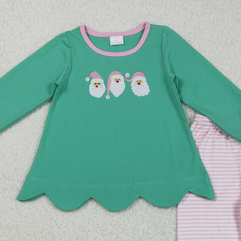 RTS NO MOQ （In stock）GLP2575 Baby Girls Winter Outfits  Green Christmas Santa Tunic with Stripe Legging Pant Sets
