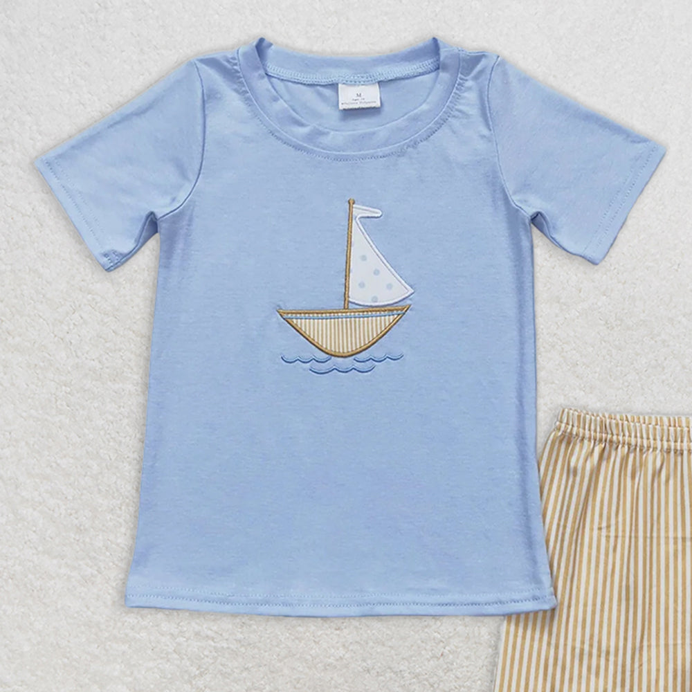 BSSO0602 RTS NO MOQ Baby Boys Summer Boys Outfits Baby Boys Sailboat Blue Short Sleeve Shirt Shorts Clothes Sets