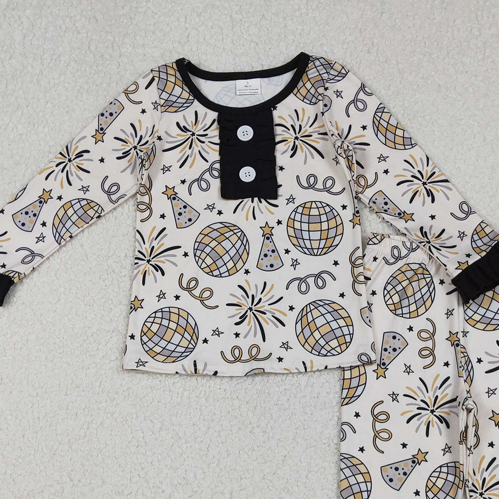 10.10 RTS NO MOQ （In stock）GLP2563 Baby Girls Winter Outfits Baby Girls Happy New Year Button Top Ruffle Pant Pajamas Sets