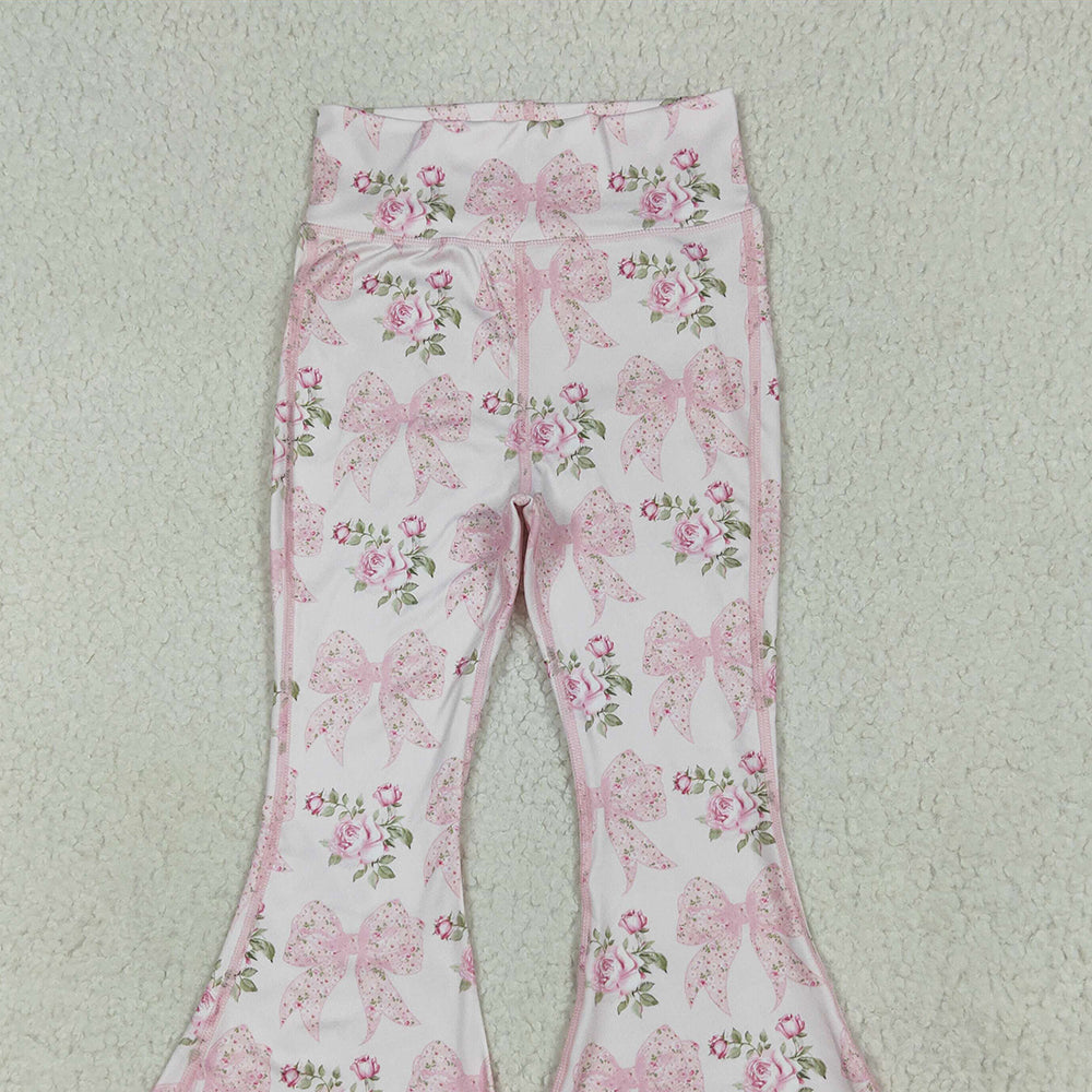 8.14 P0768 RTS NO MOQ Baby Girls Yoga Pants Baby Girls Pink Floral Bows Bell Bottom Yoga Pants