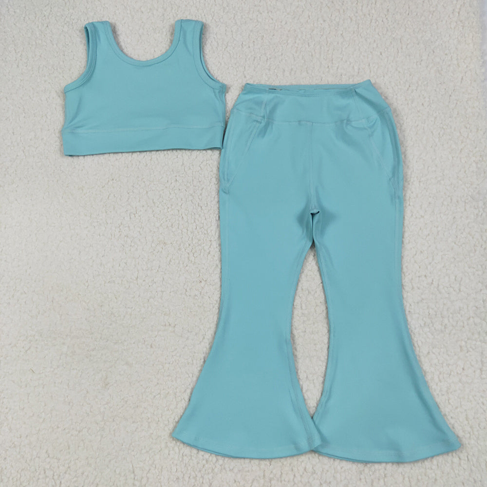 RTS NO MOQ （In stock）GSPO2004 Baby Girls Yoga Outfits Baby Girls Aqua Yoga Vest Bell Bottom Pants Active Wear Clothes Sets