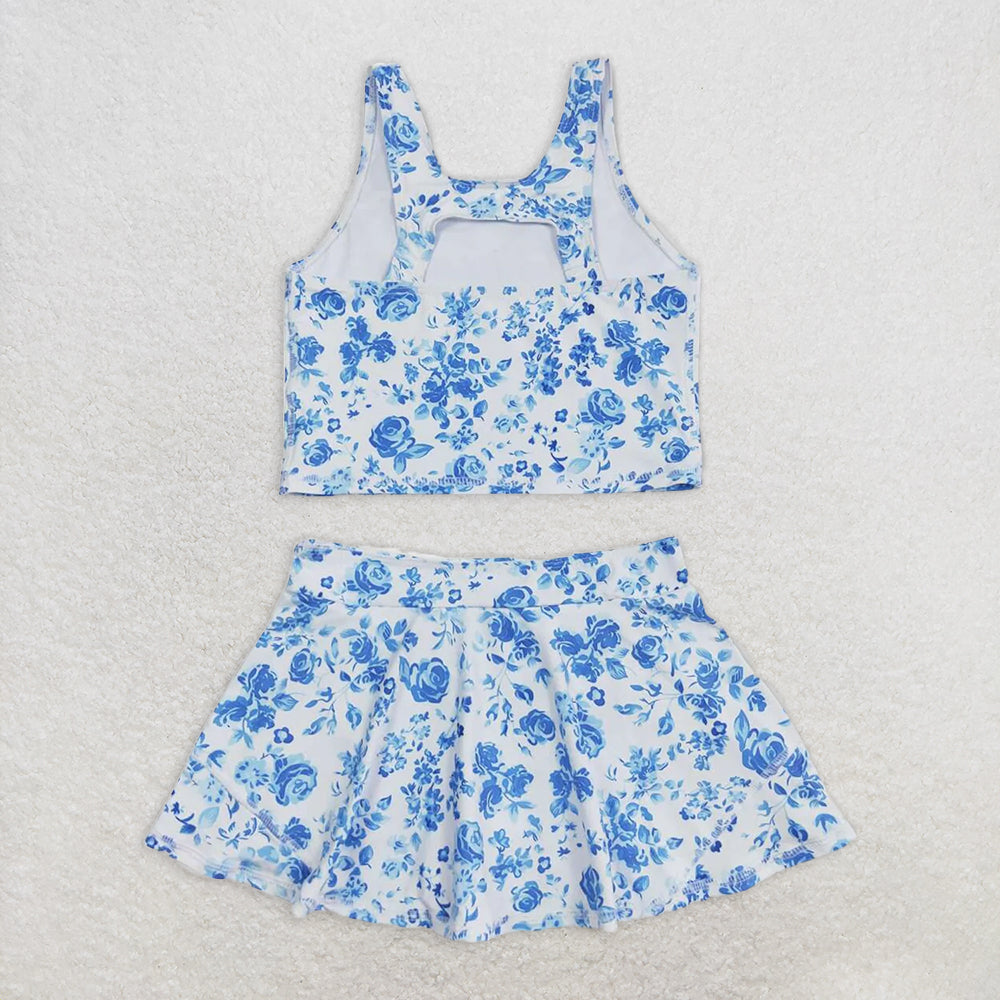 GSD0995  RTS NO MOQ Baby Girls Yoga Outfits Baby Girls Summer Blue Flowers Top Skirts Active Wear Clothes Sets