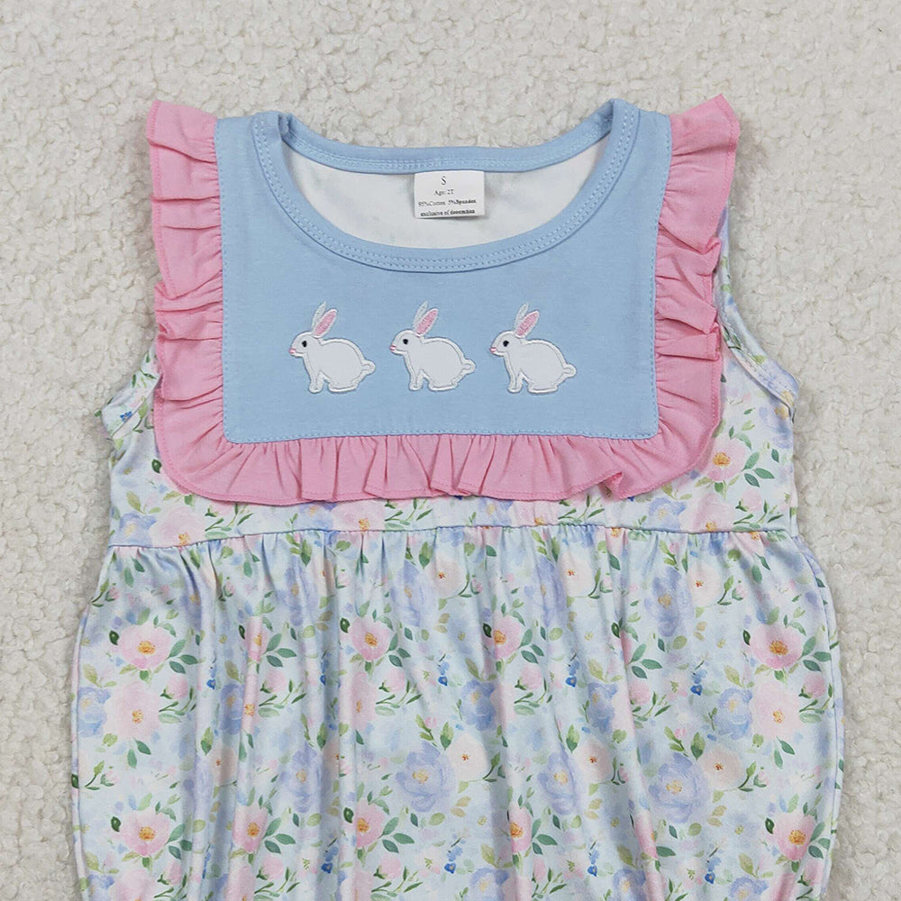 1.28 RTS NO MOQ （In stock）SR3271 Embroidery Rabbits Baby Girls Flowers Easter Ruffle Rompers