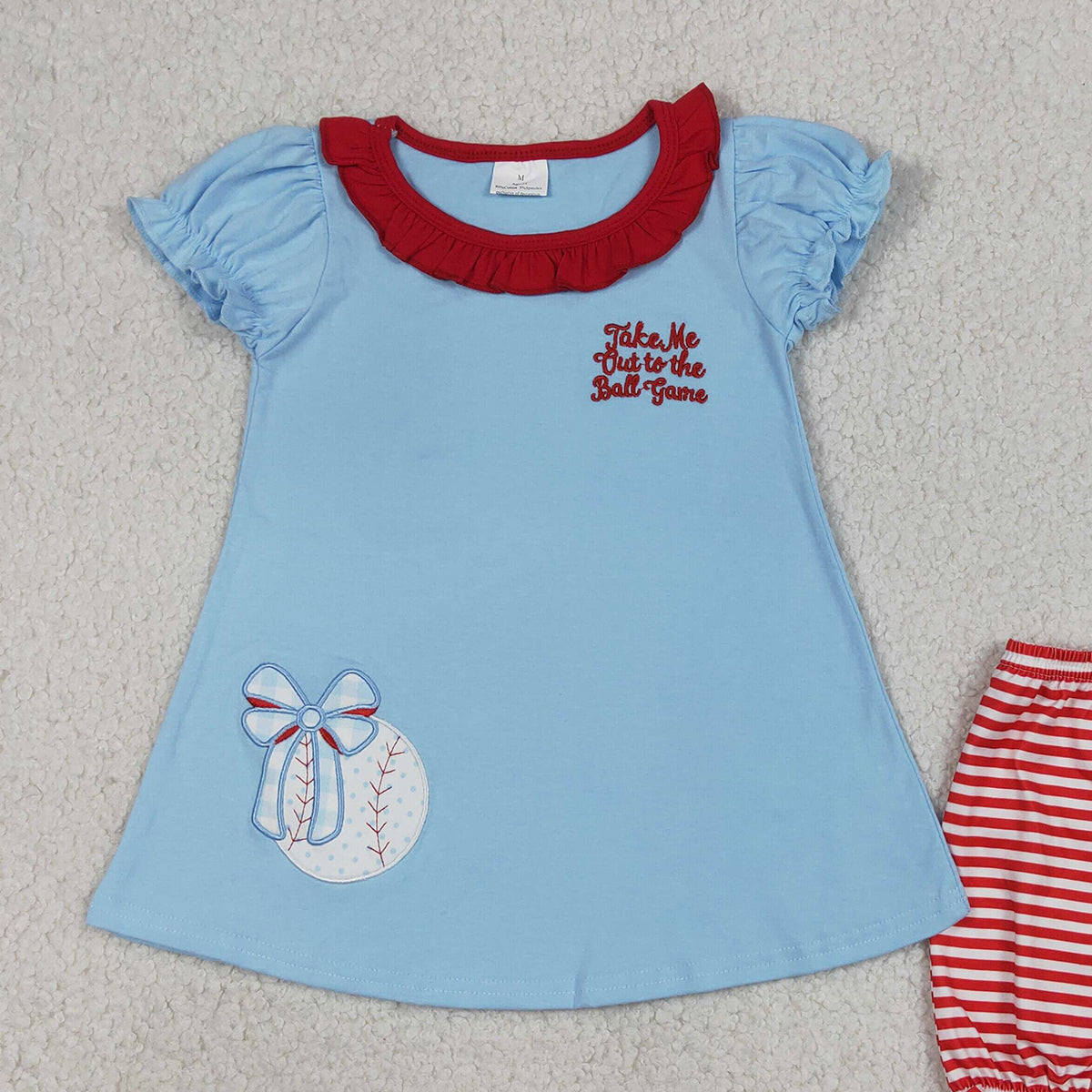 4.7 GSSO3245 RTS NO MOQ （In stock ）Embroidery Baseballs Bows Baby Girls Tunic Stripe Ruffle Shorts Team Clothes Sets