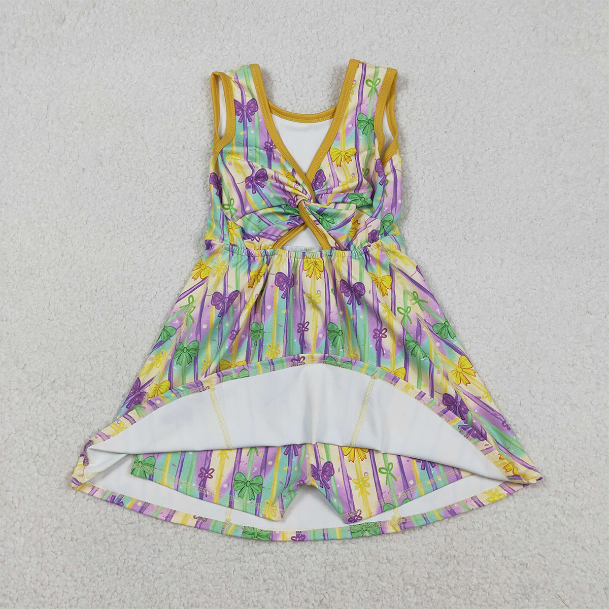 12.19 RTS NO MOQ （In stock）GSD2948 Baby Girls Mardigras Bows Stripe Yoga Active Shorts Knee Length Dresses