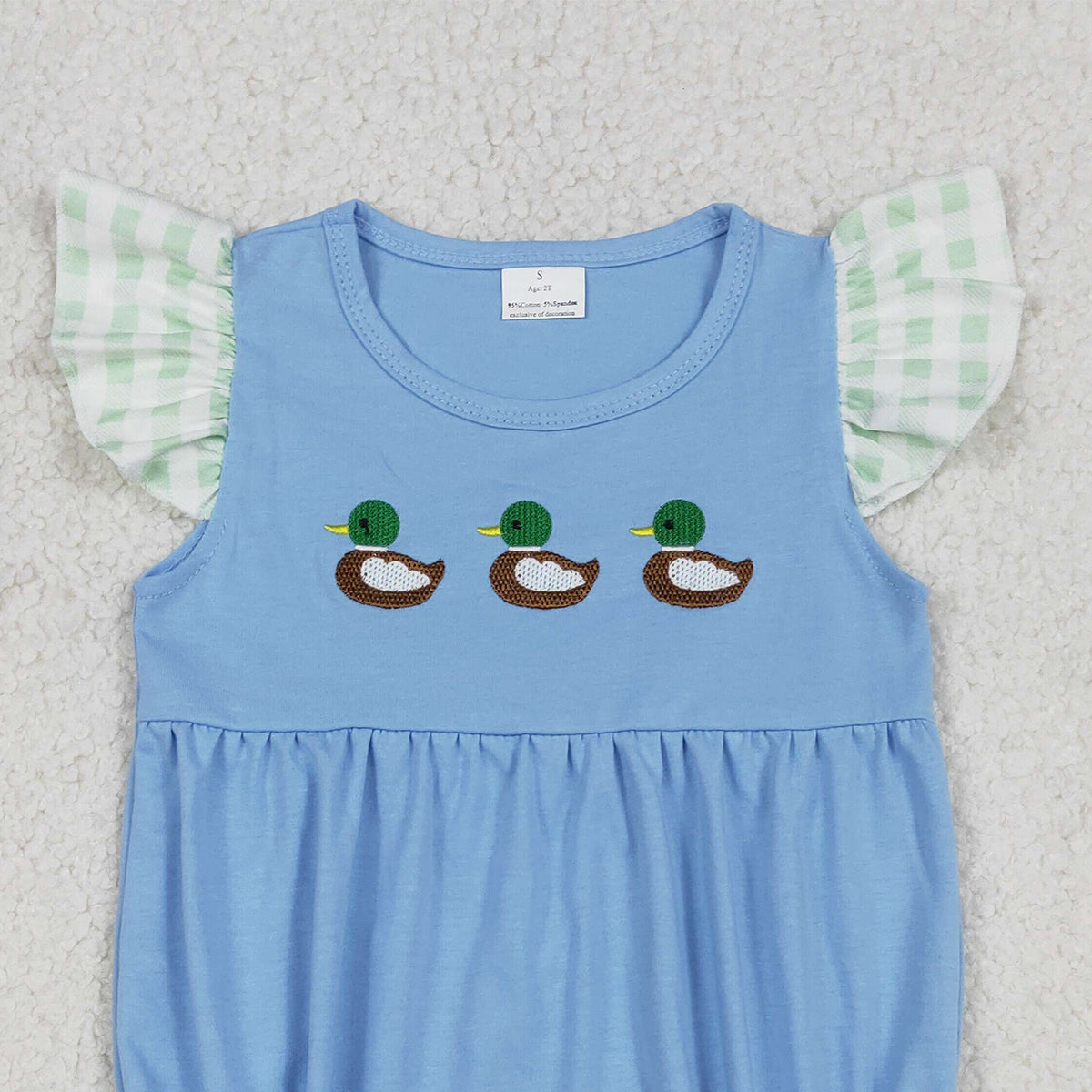1.9 RTS NO MOQ （In stock）SR3266 Embroidery Ducks Baby Girls Flutter Sleeve Hunting Ruffle Rompers