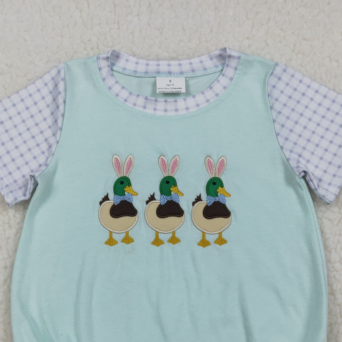 3.25 RTS NO MOQ （In stock）SR3893 Children's Fashion Romper Baby Boys Short Sleeve Embroidery Bunny Ducks Easter Hunting Rompers