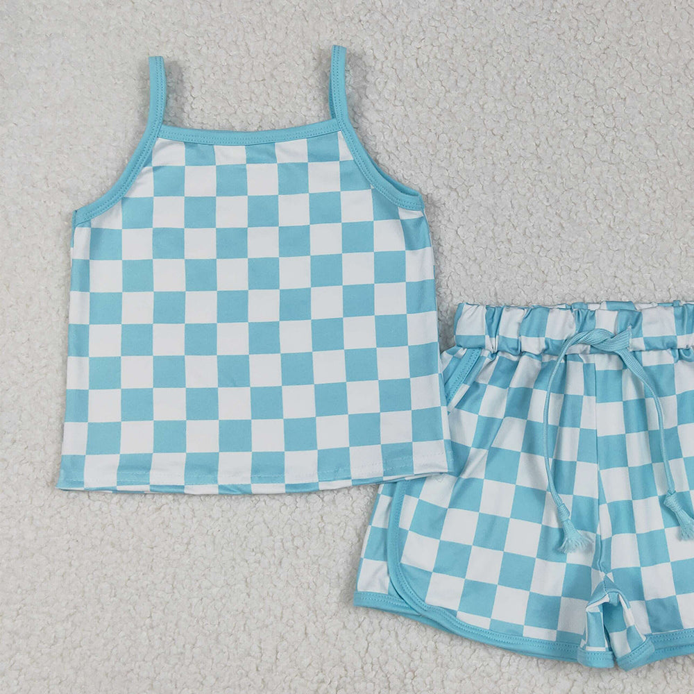 8.13  GSSO2332RTS NO MOQ Baby Girls Summer Outfits Baby Girls Blue Strap Plaid Top Short Sport Set