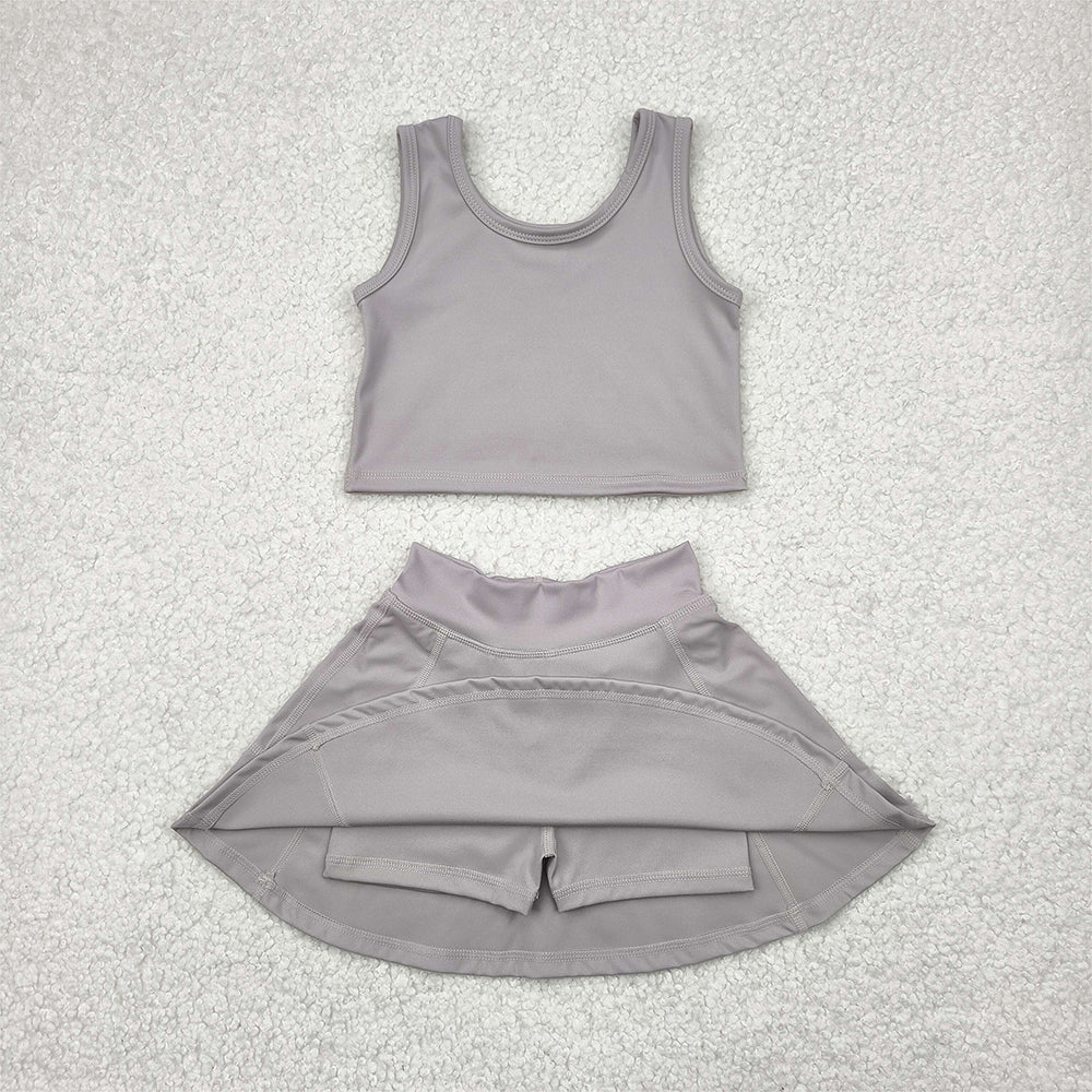 7.15  GSD1983 RTS NO MOQ Baby Girls Yoga Outfits Baby Girls Active Gray Sleeveless Top Pockets Skirt Yoga Set