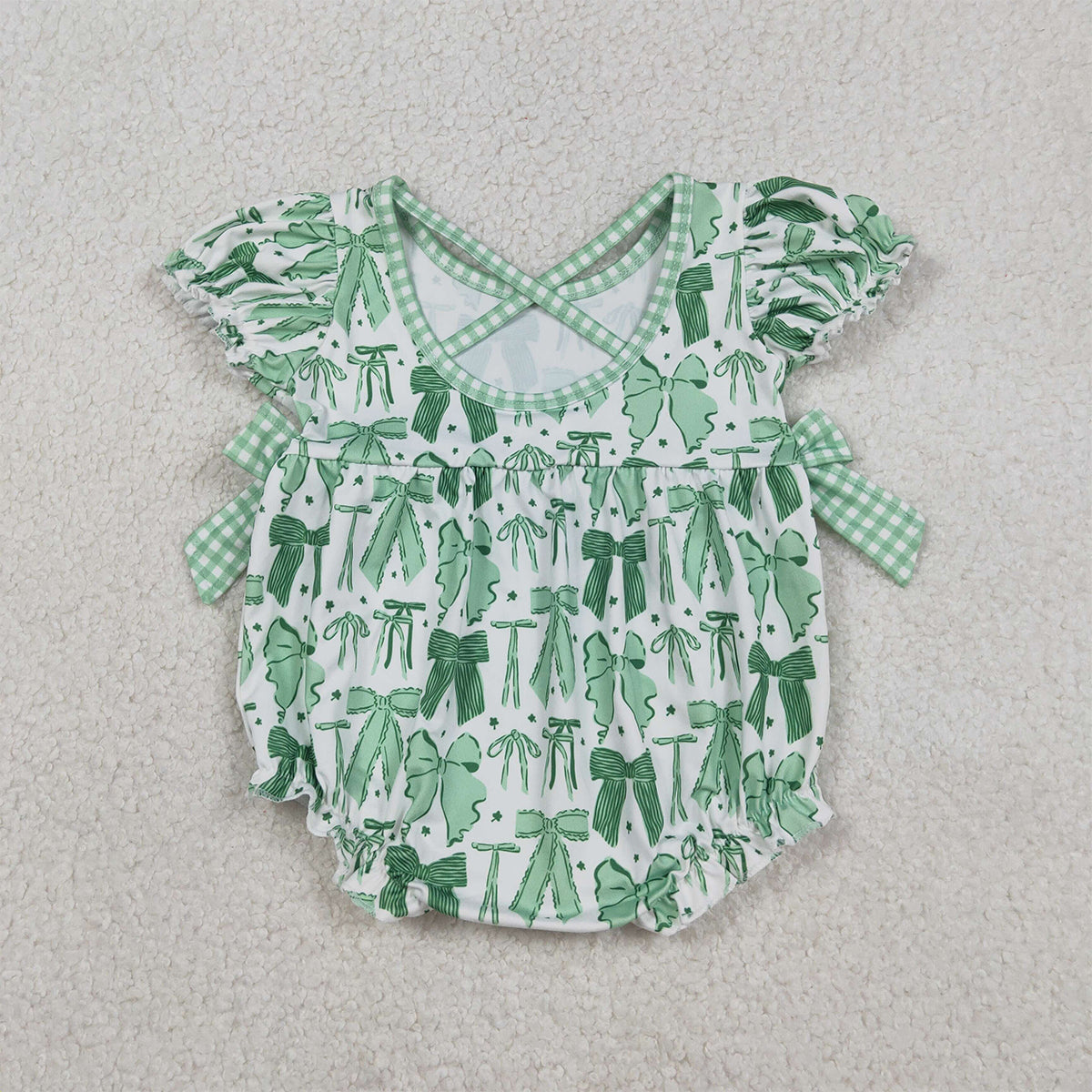 12.12 RTS NO MOQ （In stock）SR3305 Baby Girls Summer Rompers Baby Girls Green Clovers St Patrick Bows Ruffle Rompers