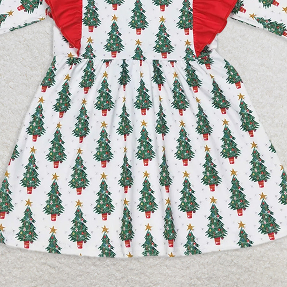 GLD0377RTS NO MOQ Baby Girls Winter Dress  Baby Girls Christmas Tree Ruffle Long SleeveKnee Length Dresses