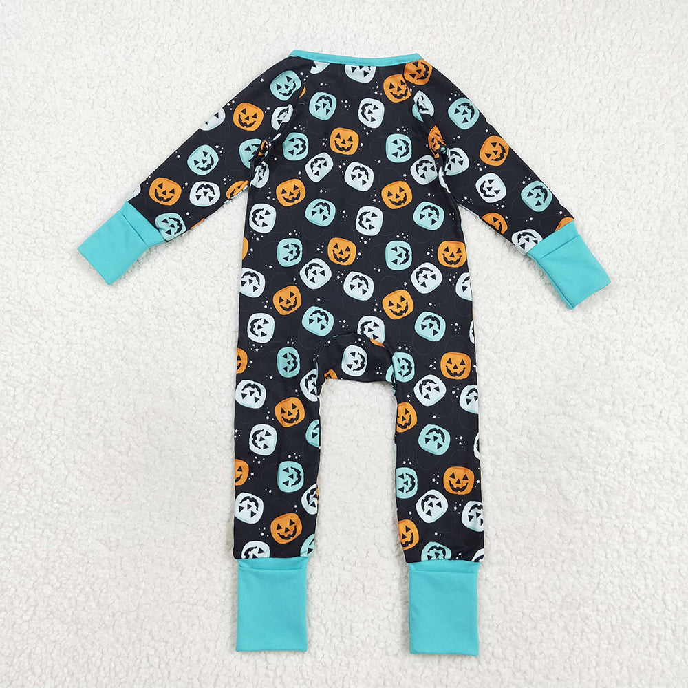 RTS NO MOQ （In stock）LR2465 Baby Boys Winter Rompers Baby Boys Ghost Pumpkins Fall Zipper Footie Rompers