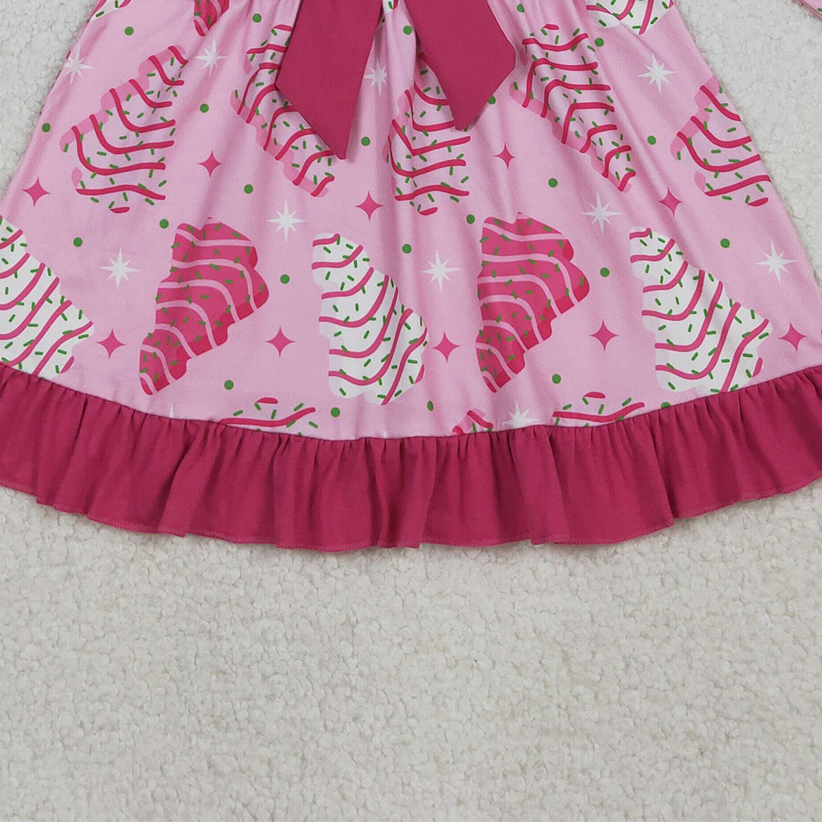 10.14 RTS NO MOQ （In stock）GLD1276 Baby Girls Winter Dress Baby Girls Pink Stripe Trees Stars Bow Christmas Ruffle Knee Length Dresses