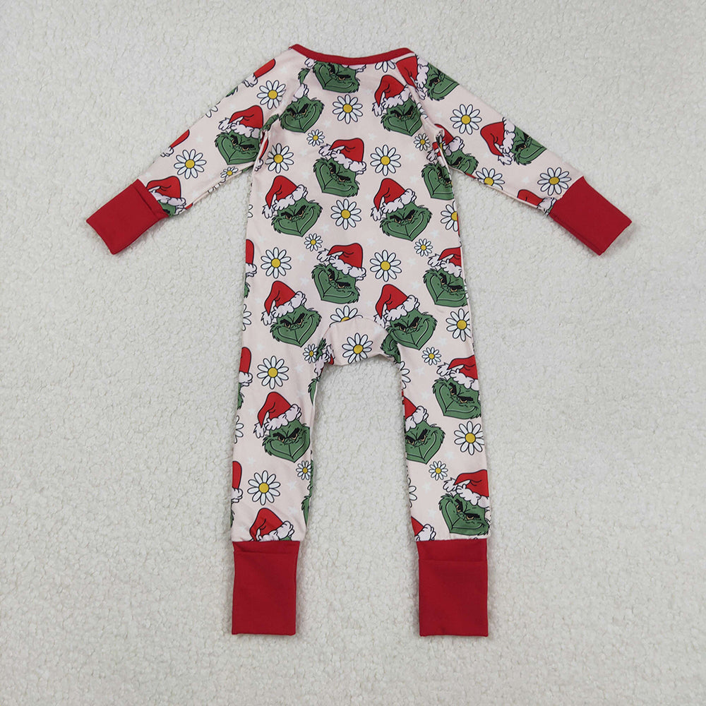 RTS NO MOQ （In stock）LR2489Baby Girls Winter Rompers Baby Girls Green Face Flowers Ruffle Zipper Christmas Rompers