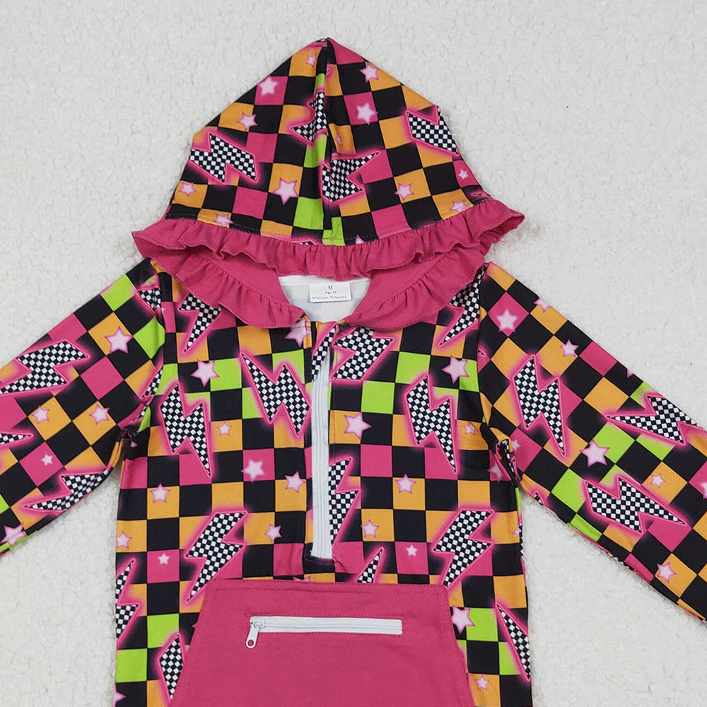 RTS NO MOQ （In stock）GT1117 Baby Girls Long Sleeve Tops Plaid Thunder Ruffle Zipper Hoodie Long Sleeves for Girls