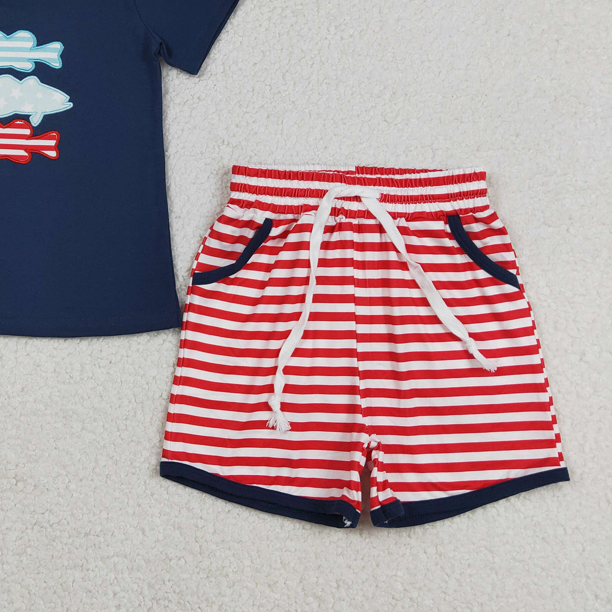 3.14 RTS NO MOQ （In stock）BSSO1741 Fashion Clothing For Baby Boys Embroidery Fishes Top Stripe Pockets Shorts 4th of July Clothes Sets