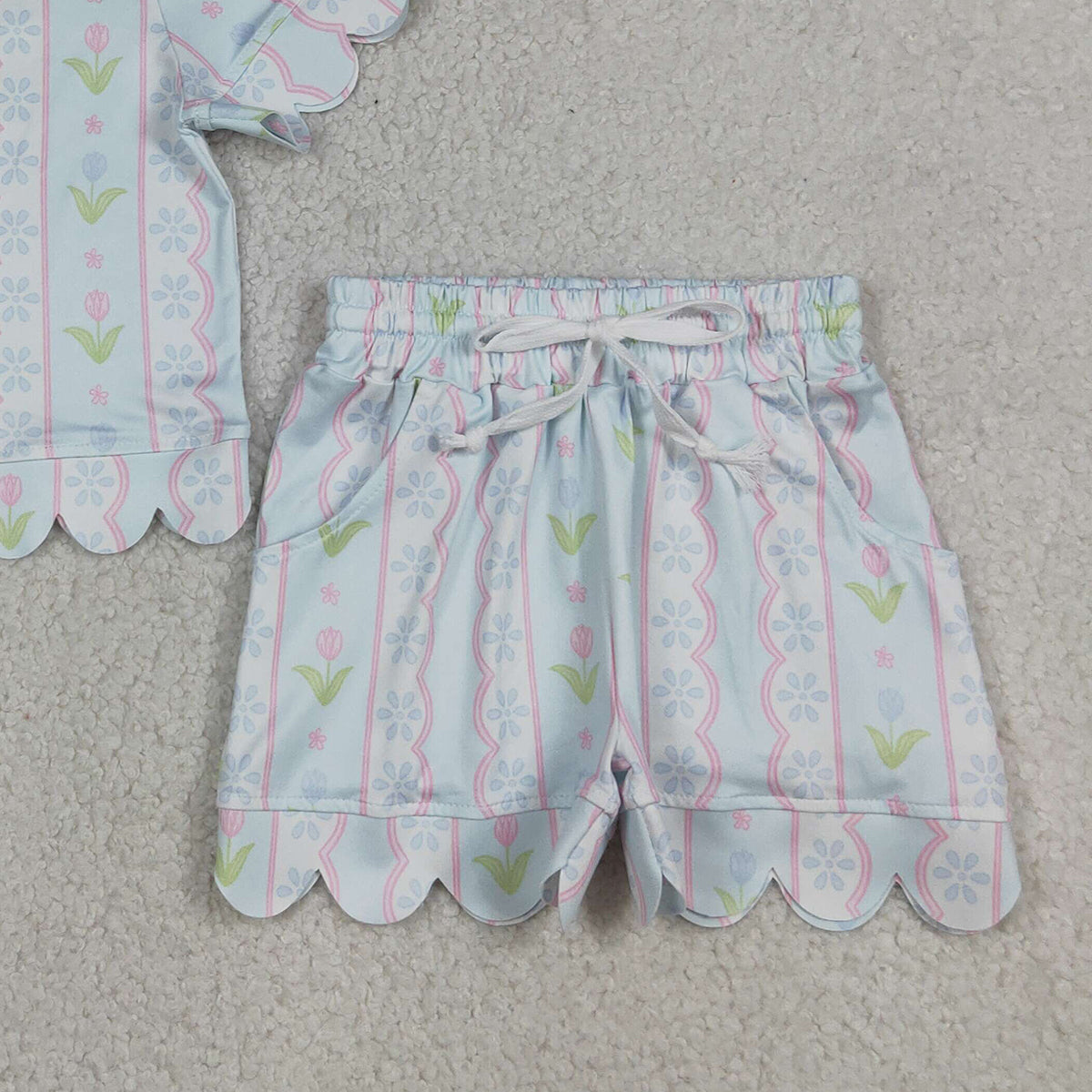 4.8 GSSO3412 RTS NO MOQ （In stock）Short sleeves light blue floral scallop kids girls summer outfits