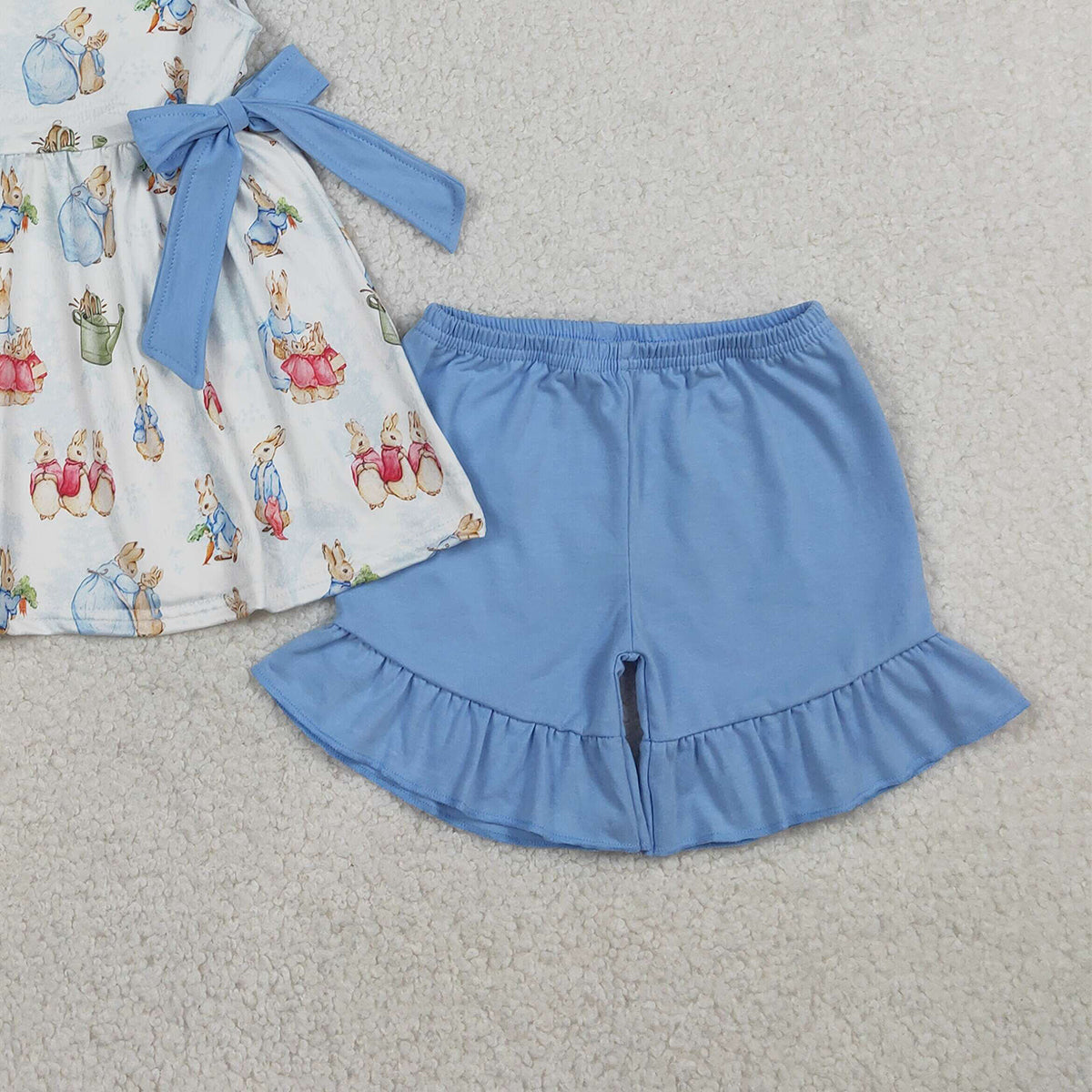 1.14 RTS NO MOQ （In stock）GSSO3055 Baby Girls Flutter Sleeve Rabbits Bows Tunic Ruffle Shorts Easter Clothes Sets