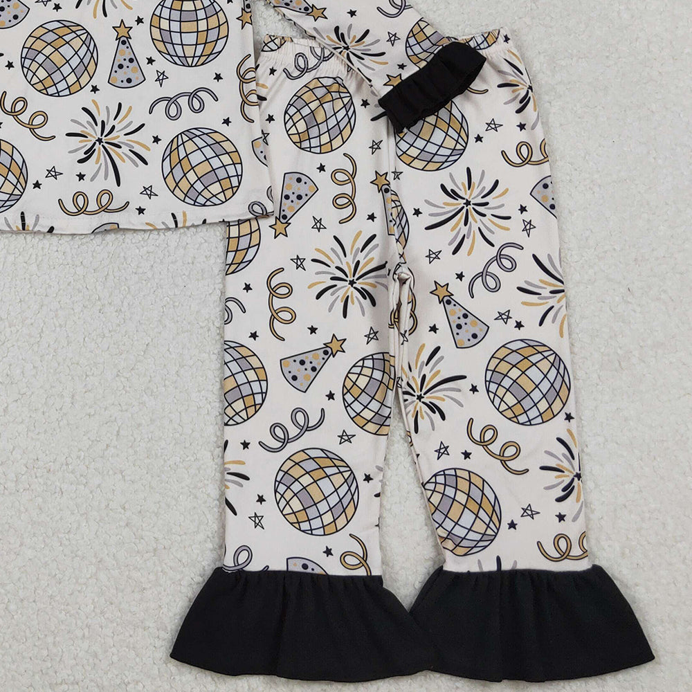 10.10 RTS NO MOQ （In stock）GLP2563 Baby Girls Winter Outfits Baby Girls Happy New Year Button Top Ruffle Pant Pajamas Sets