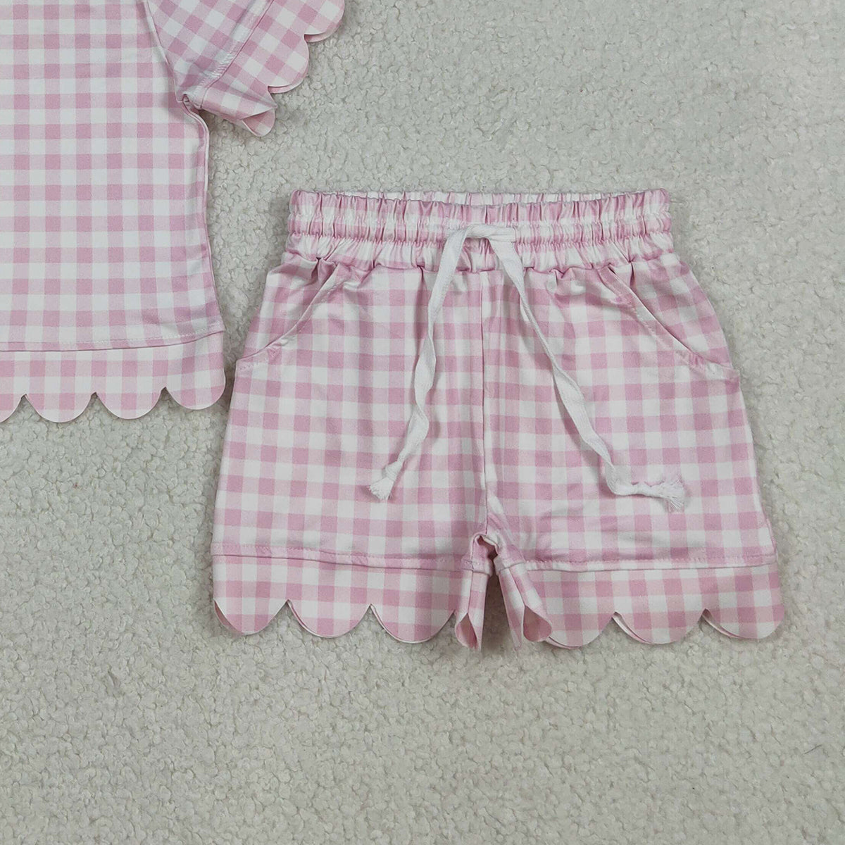 3.31 RTS NO MOQ （In stock） GSSO3183 Pink plaid scallop top shorts girls summer outfit