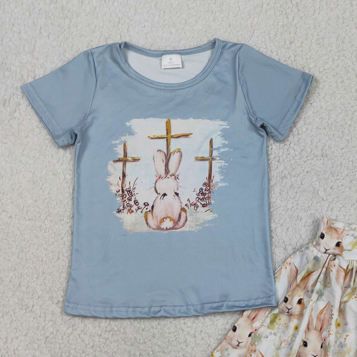 1.22 RTS NO MOQ （In stock）GSD3486 Baby Girls Short Sleeve Crosses Rabbit Top Skirt Shorts Easter Clothes Sets