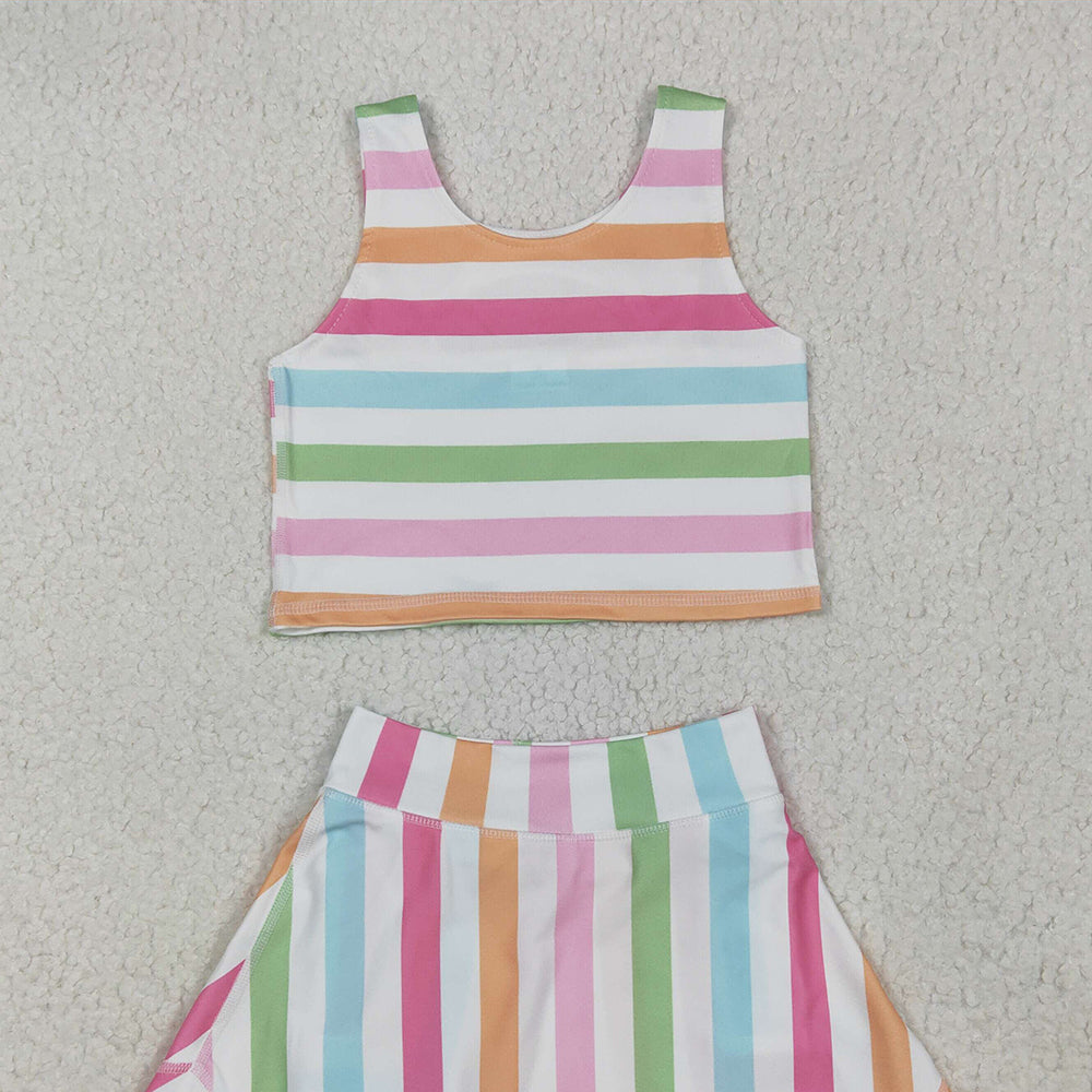 5.20   GSD2348RTS NO MOQ Baby Girls Yoga Outfits Sleeveless colorful stripe top skirt kids girls active wear