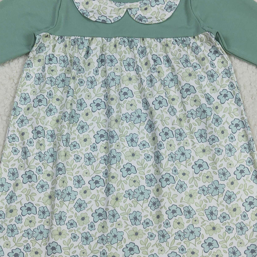 RTS NO MOQ （In stock）GLD1087 Baby Girls Winter Dress Baby Girls Aqua Long Sleeves Flowers Plaid Knee Length Dresses