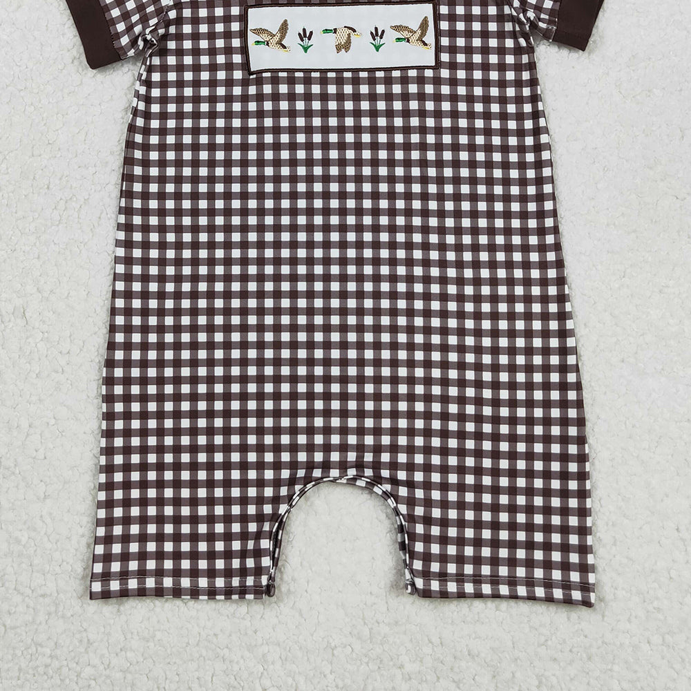 RTS NO MOQ （In stock）SR3164 Baby Boys Summer Rompers Brown Plaid Short Rompers with Ducks Design Short Sleeves Cute Infant Outfit