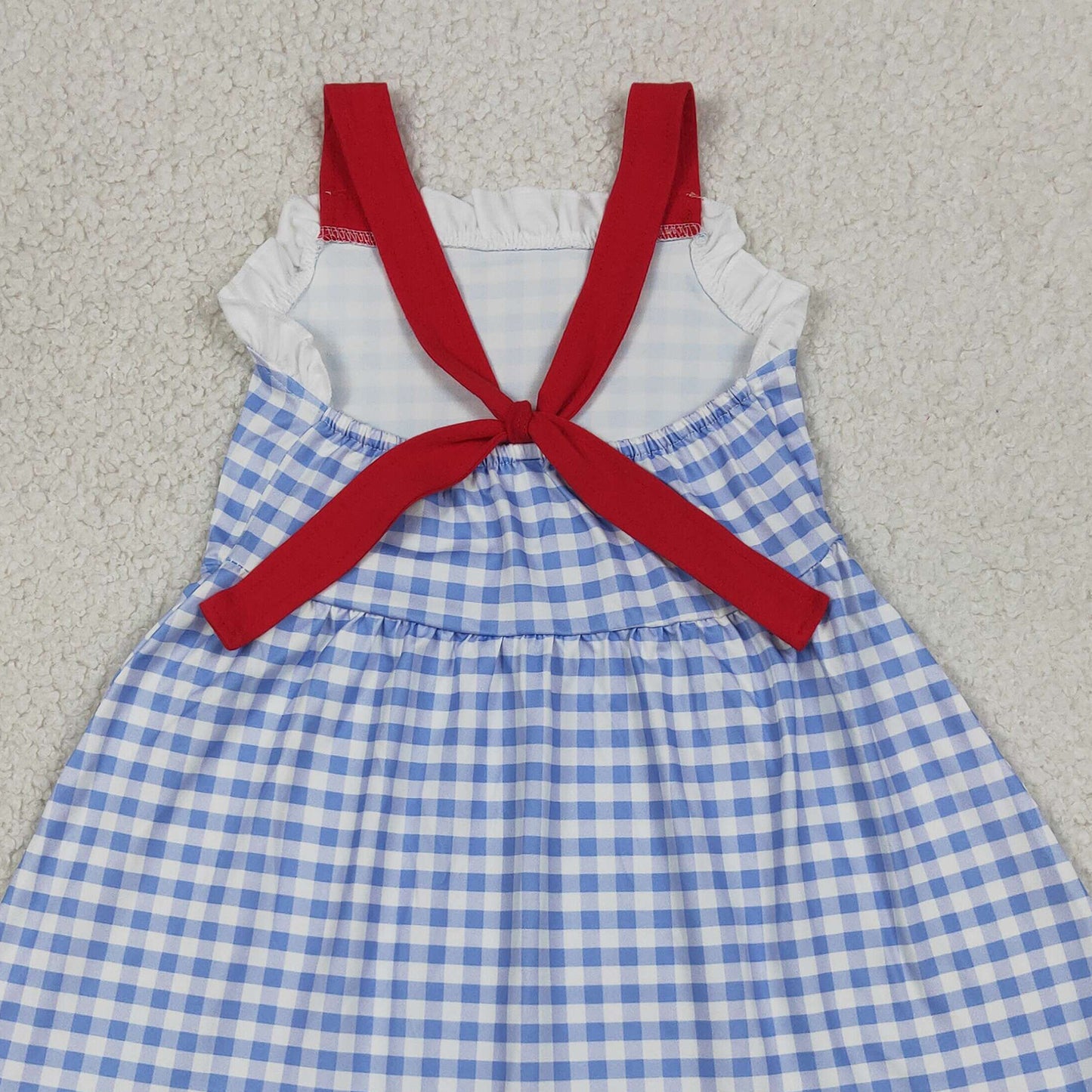 GSD3843 RTS NO MOQ （In stock）Straps white ruffle plaid kids girls summer dresses