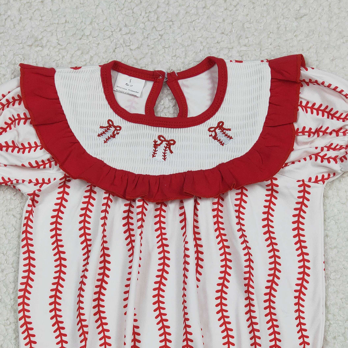 12.25 RTS NO MOQ （In stock）SR3345 Smocked Baseballs Bows Baby Girls Red Stripe Team Ruffle Rompers