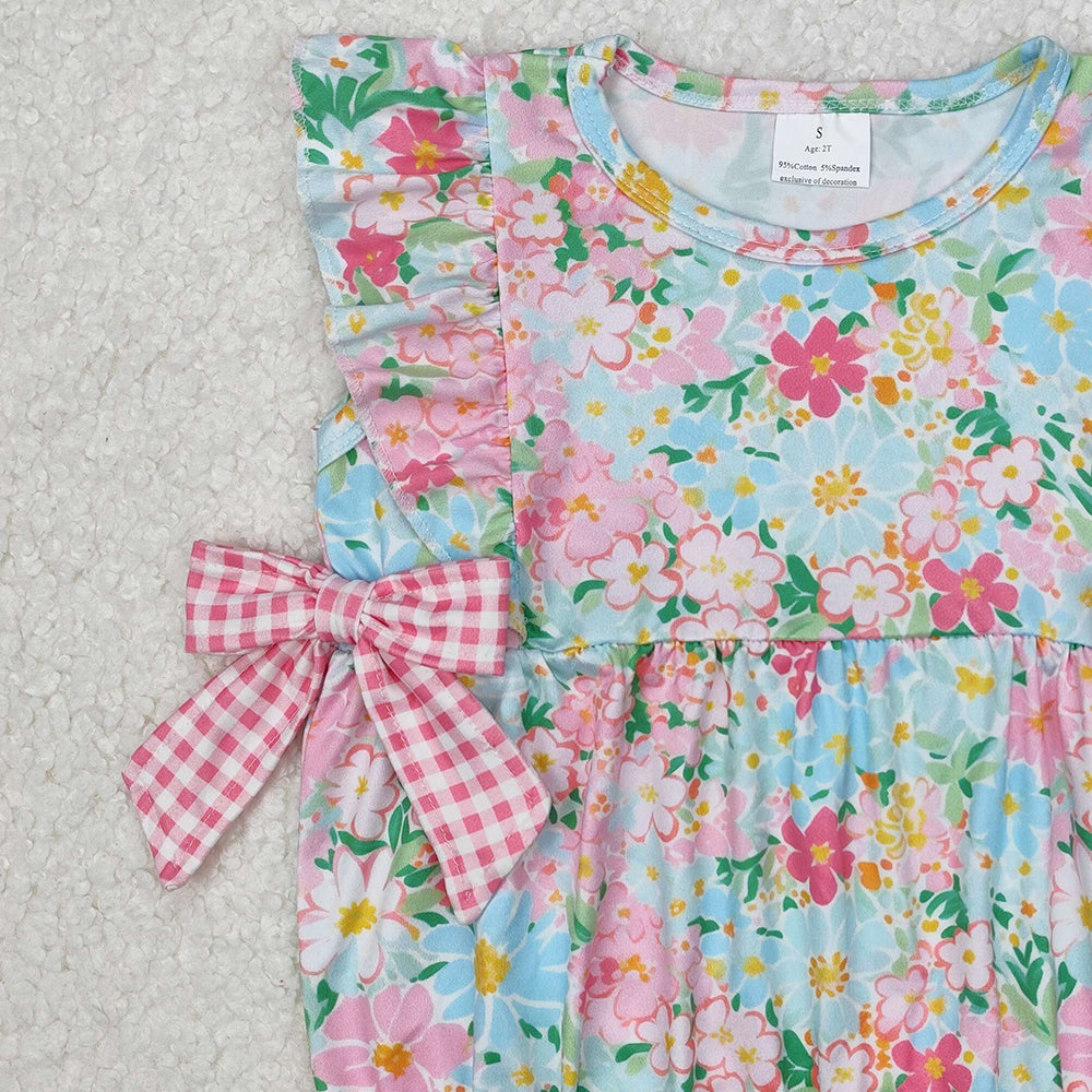 SR2719Baby Girls Ruffle Floral Pink Plaid Bow Summer Romper Cute Infant Outfit with Bow Detailing for Little Girls