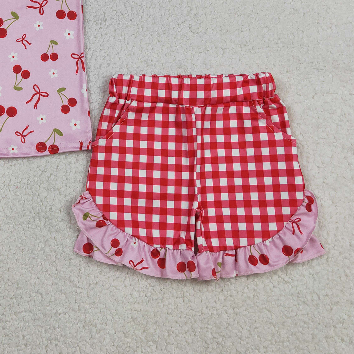 3.27 GSSO3470 RTS NO MOQ （In stock ）Short sleeves cherry bow top plaid shorts girls outfits