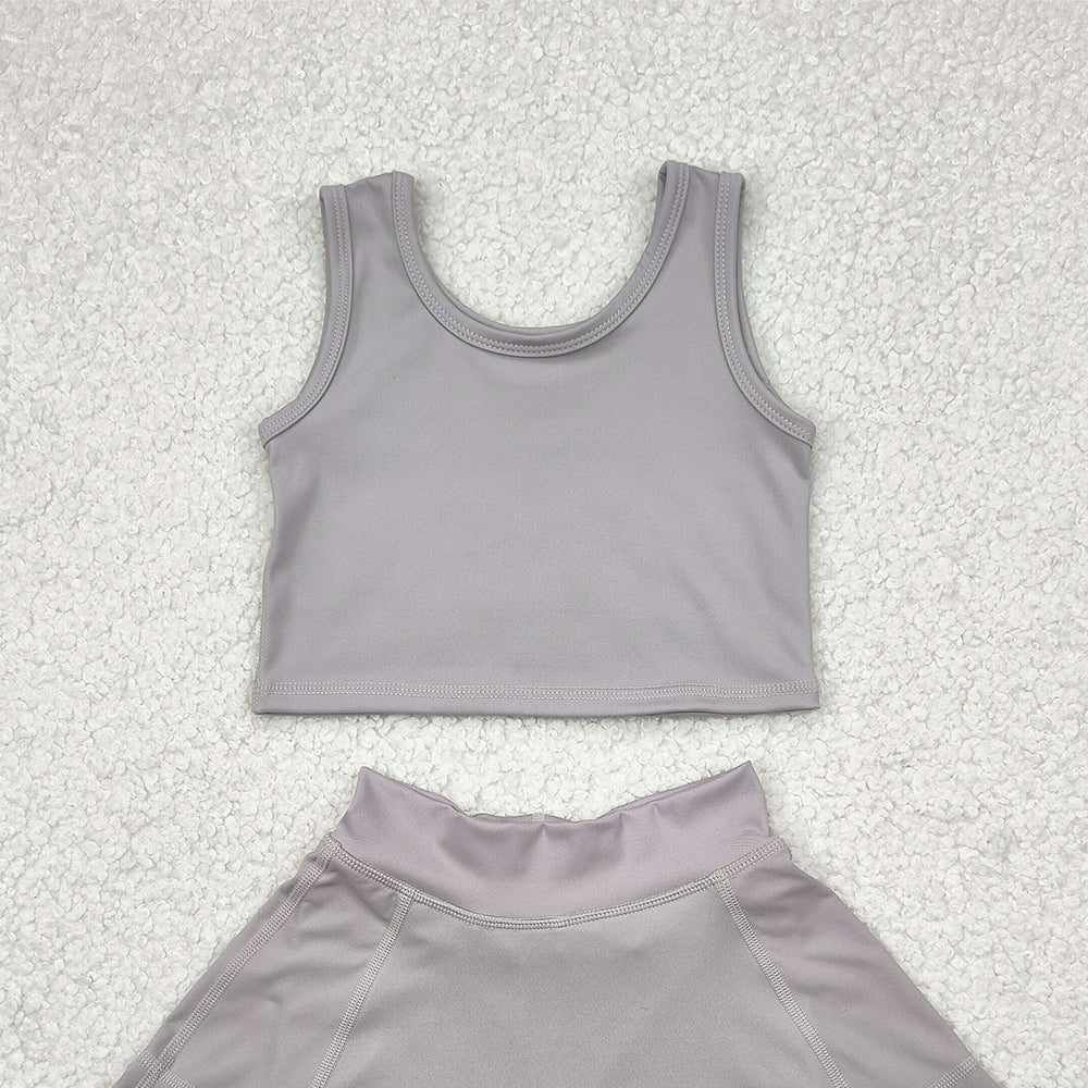 7.15  GSD1983 RTS NO MOQ Baby Girls Yoga Outfits Baby Girls Active Gray Sleeveless Top Pockets Skirt Yoga Set