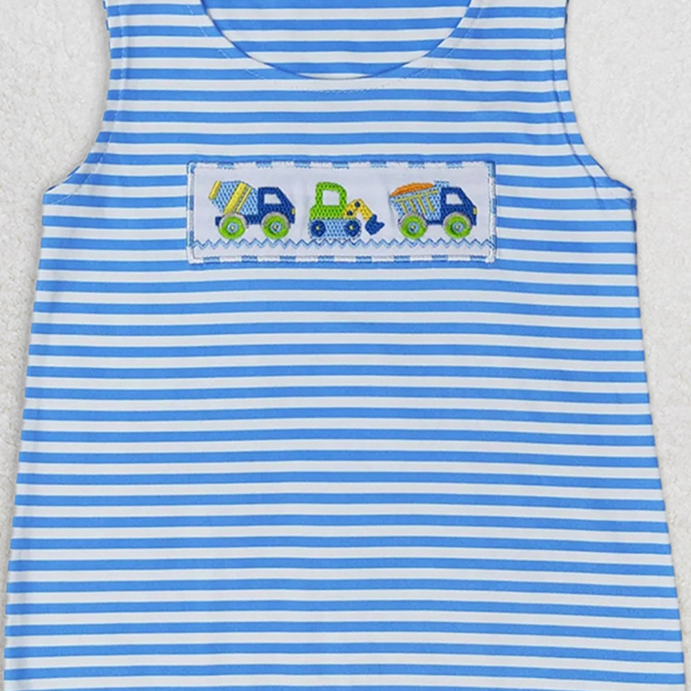 SR1005  RTS NO MOQ Baby Boys Summer Rompers Baby Boys Summer Blue Stripes Sleeveless Constructions Rompers