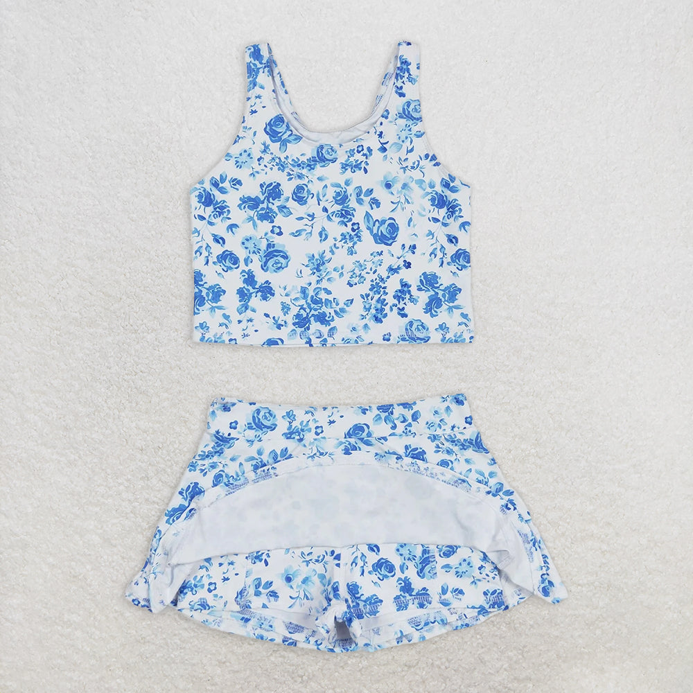 GSD0995  RTS NO MOQ Baby Girls Yoga Outfits Baby Girls Summer Blue Flowers Top Skirts Active Wear Clothes Sets